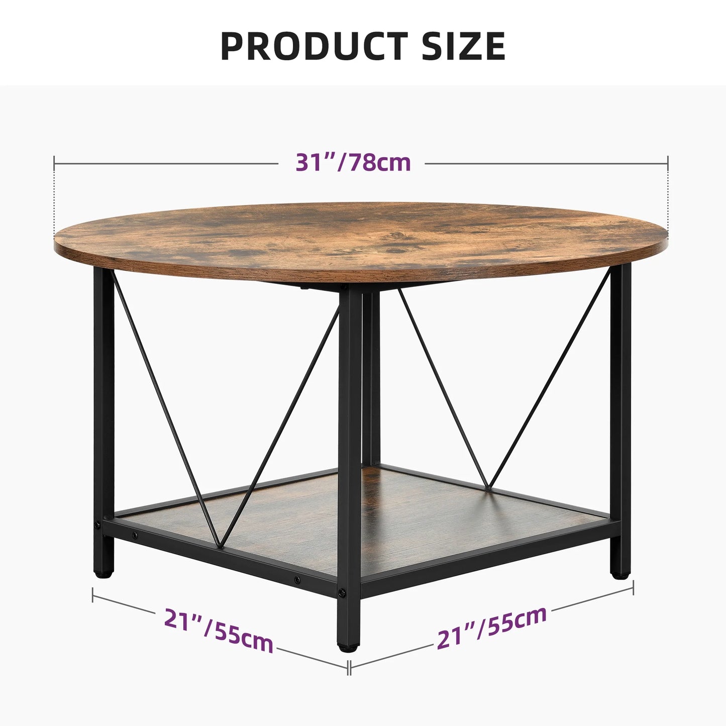 round Coffee Table with Storage, Rustic Living Room Tables with Sturdy Metal Legs, Brown