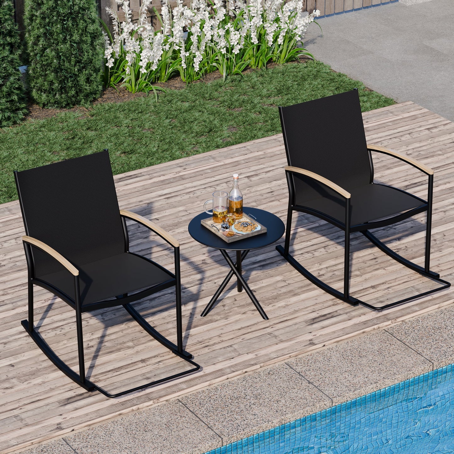 3-Piece Patio Bistro Sets, Outdoor Breathable Rocking Chairs & Black Furniture Conversation Set-Two Chairs with Coffee Table Black