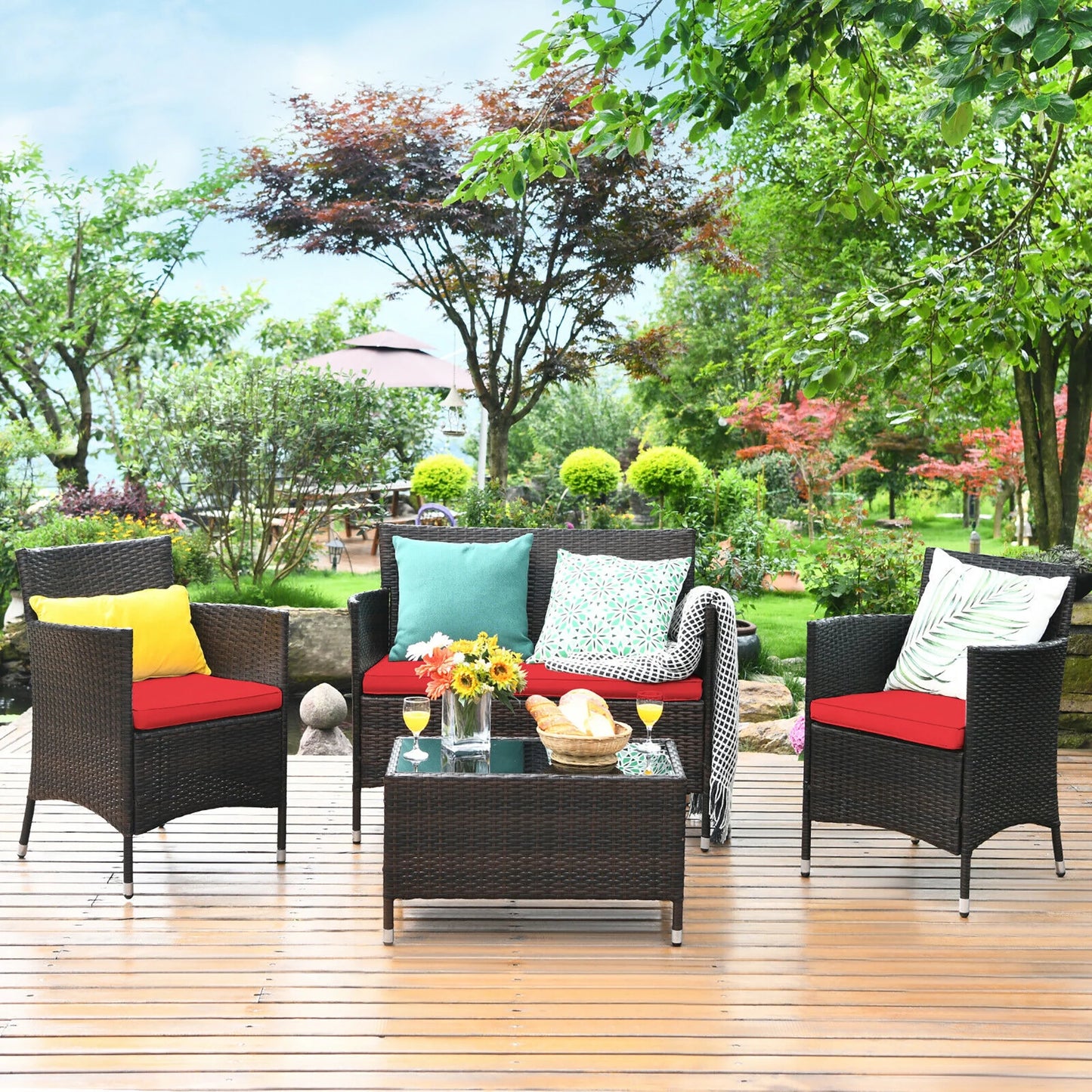 4PCS Rattan Patio Furniture Set Cushioned Sofa Chair Coffee Table Navy