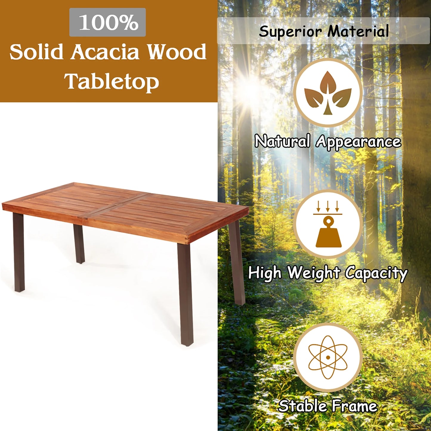 Rectangular Acacia Wood Dining Table Rustic Furniture Indoor &Outdoor