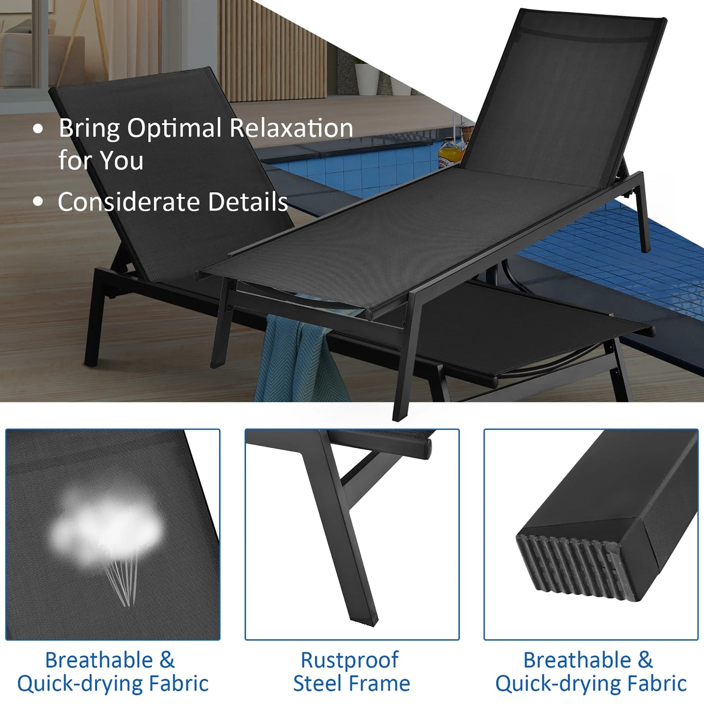 Patio Lounge Chair Chaise Recliner Back Adjustable Garden Deck Black