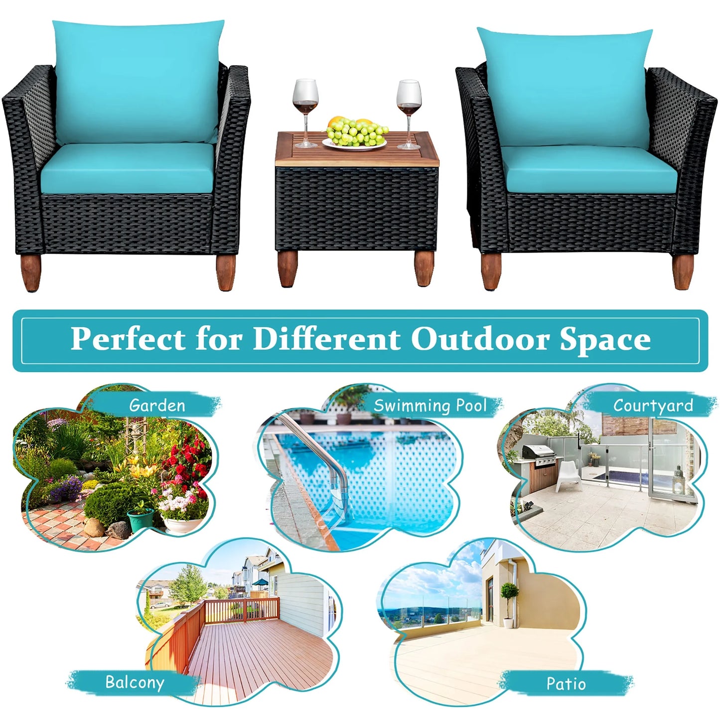 3PCS Outdoor Patio Rattan Furniture Set Wooden Table Cushioned Sofa Turquoise