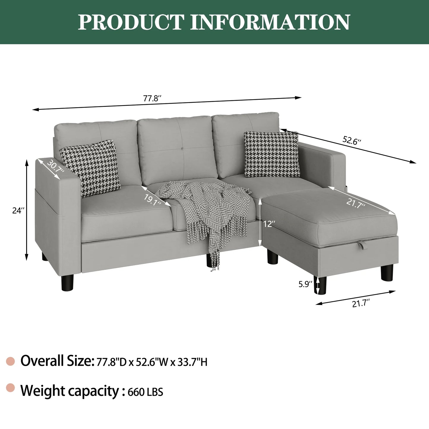 78" Convertible Sectional Sofa Couch L Shaped Couch Sofa for Living Room,Small 3 Seater Sofa Couch with Storage Ottoman and Side Pockets(Light Gray)
