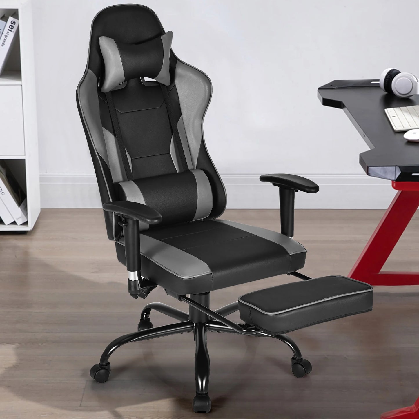 Gaming Chair Racing High Back Office Chair W/ Footrest Black