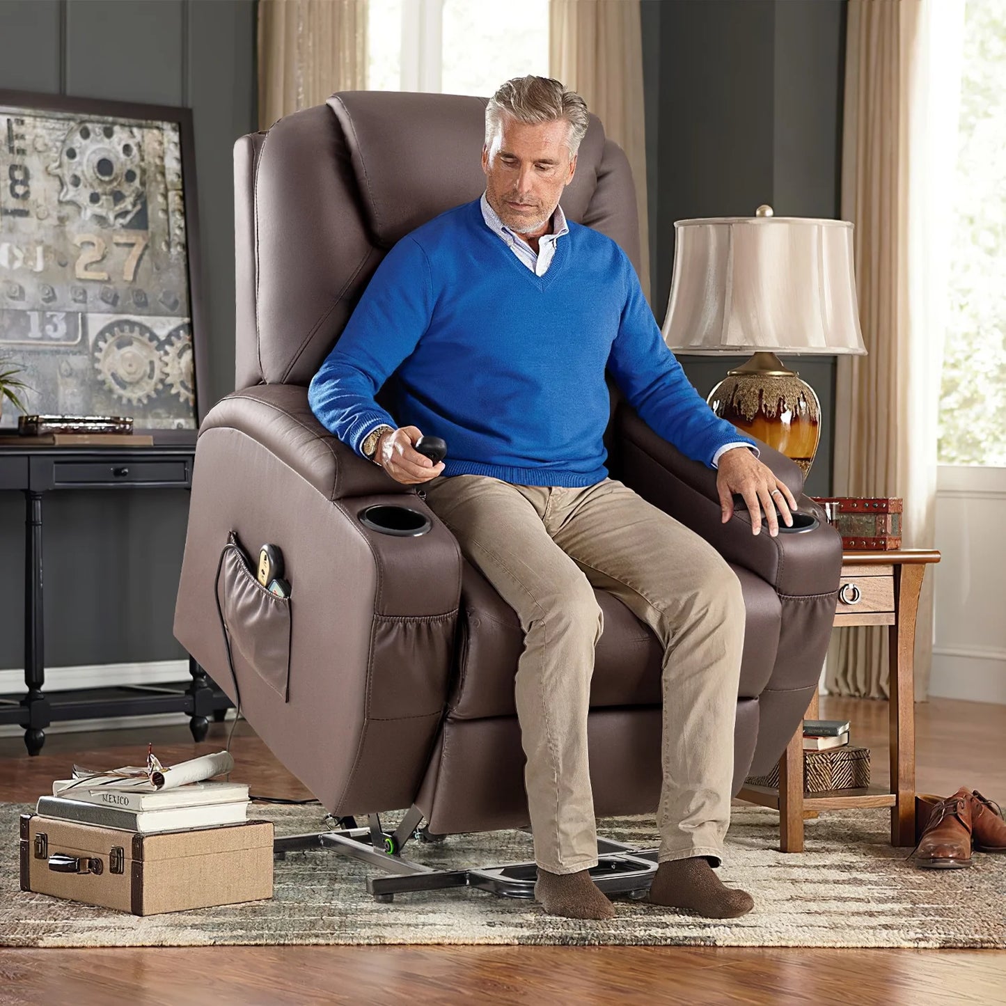 Electric Reclining Chair Elderly Lift Recliner with Massage Faux Leather,Brown
