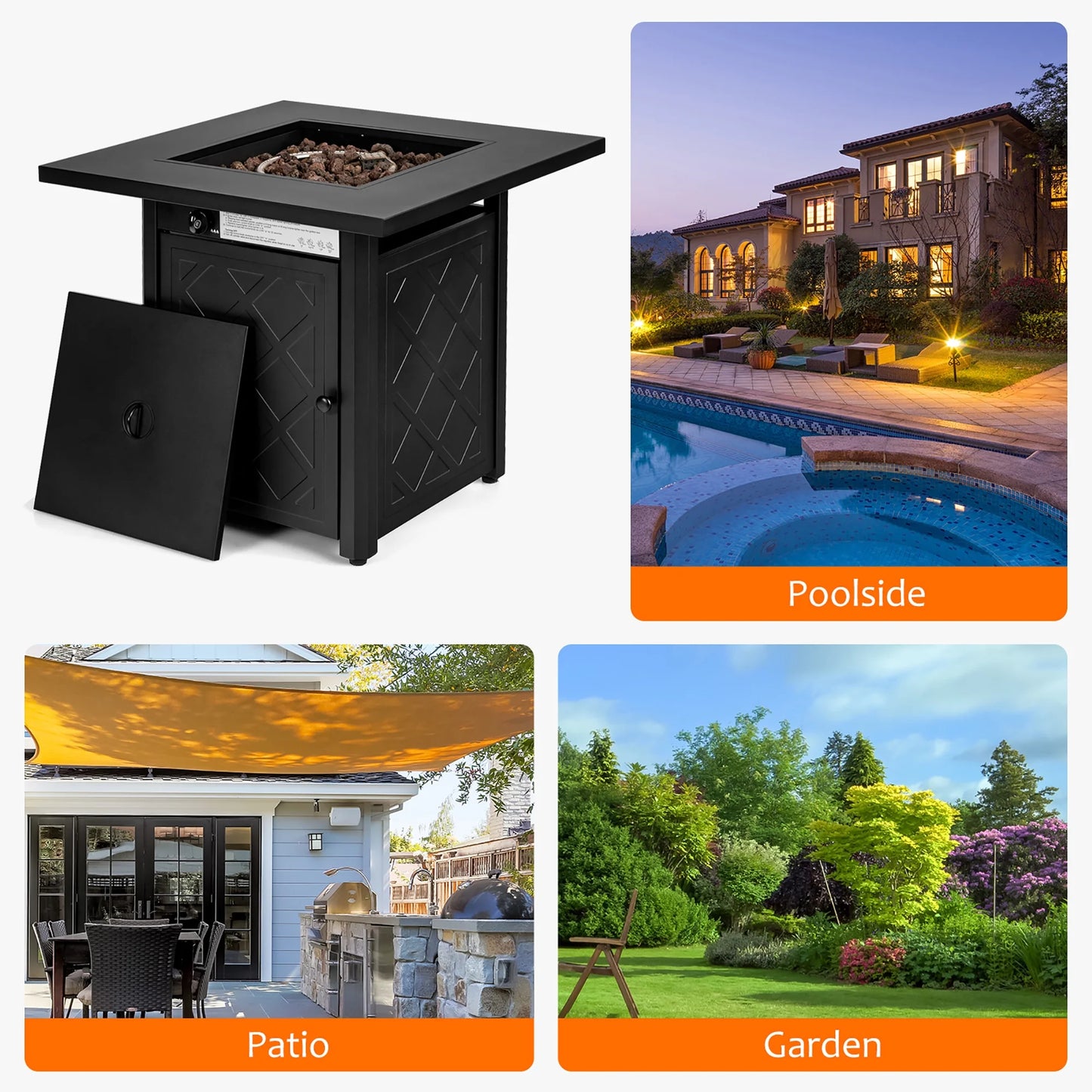 28'' Propane Fire Pit Table 50,000 BTU Patio Square Gas Fireplace W/Lava Rock