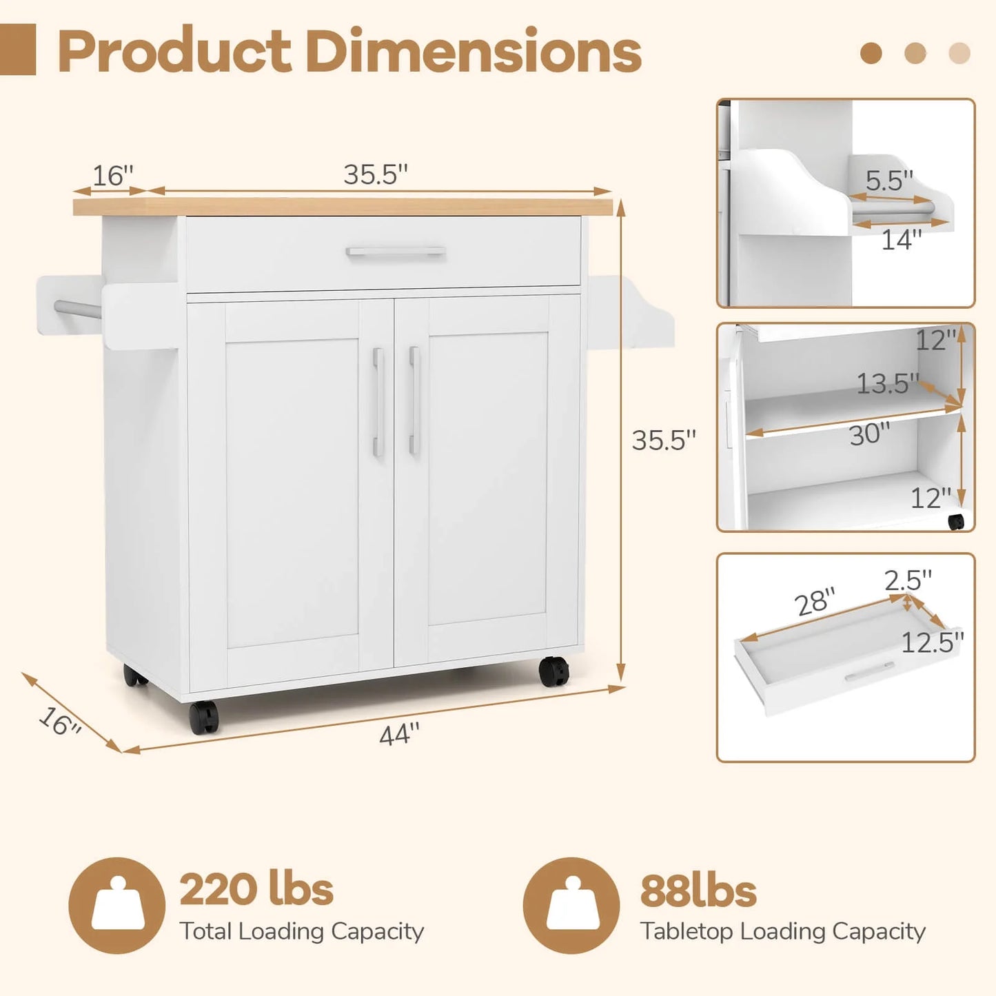 Rolling Kitchen Island Cart Storage Cabinet W/ Towel & Spice Rack White