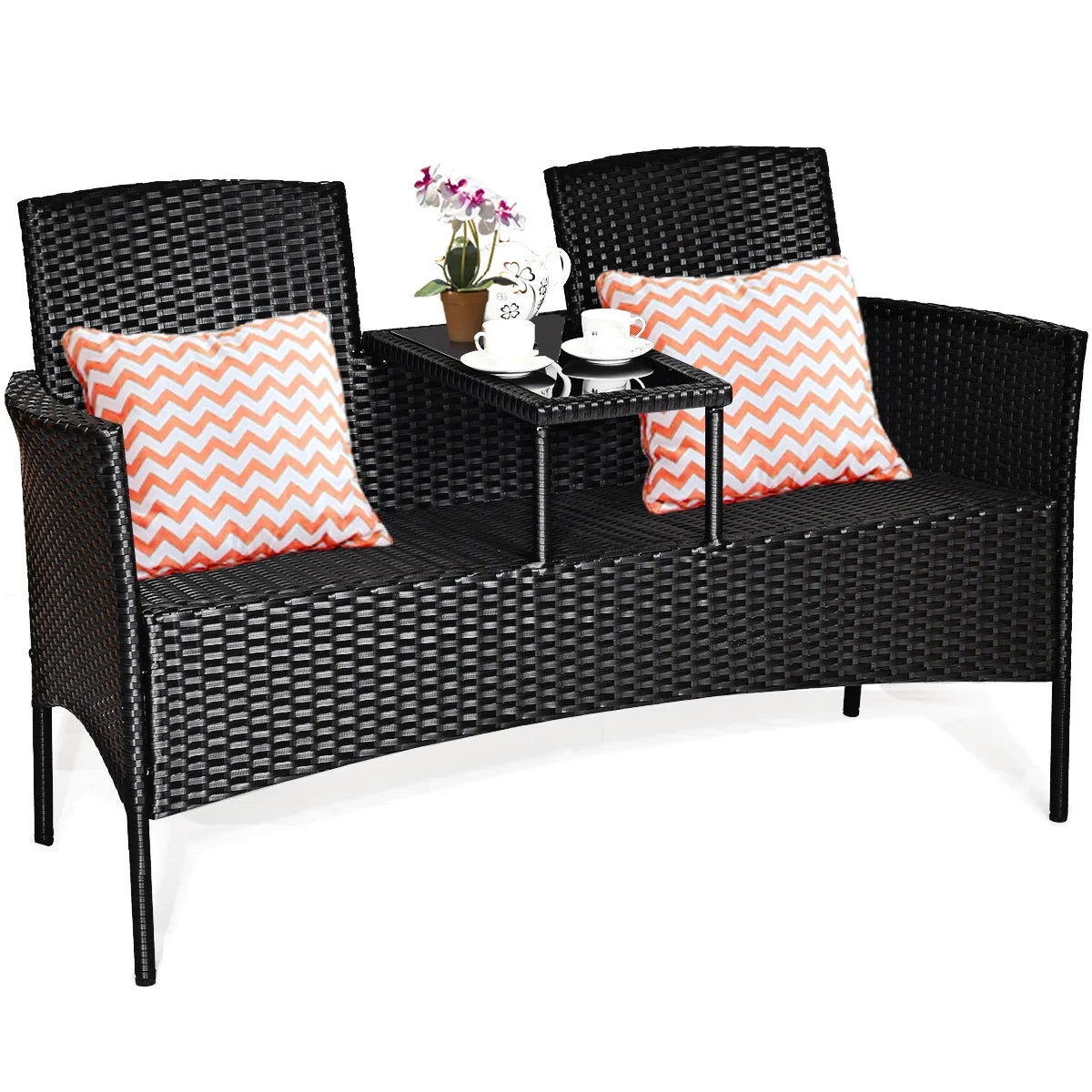Patio Rattan Conversation Set Seat Sofa Cushioned Loveseat Glass Table Chairs