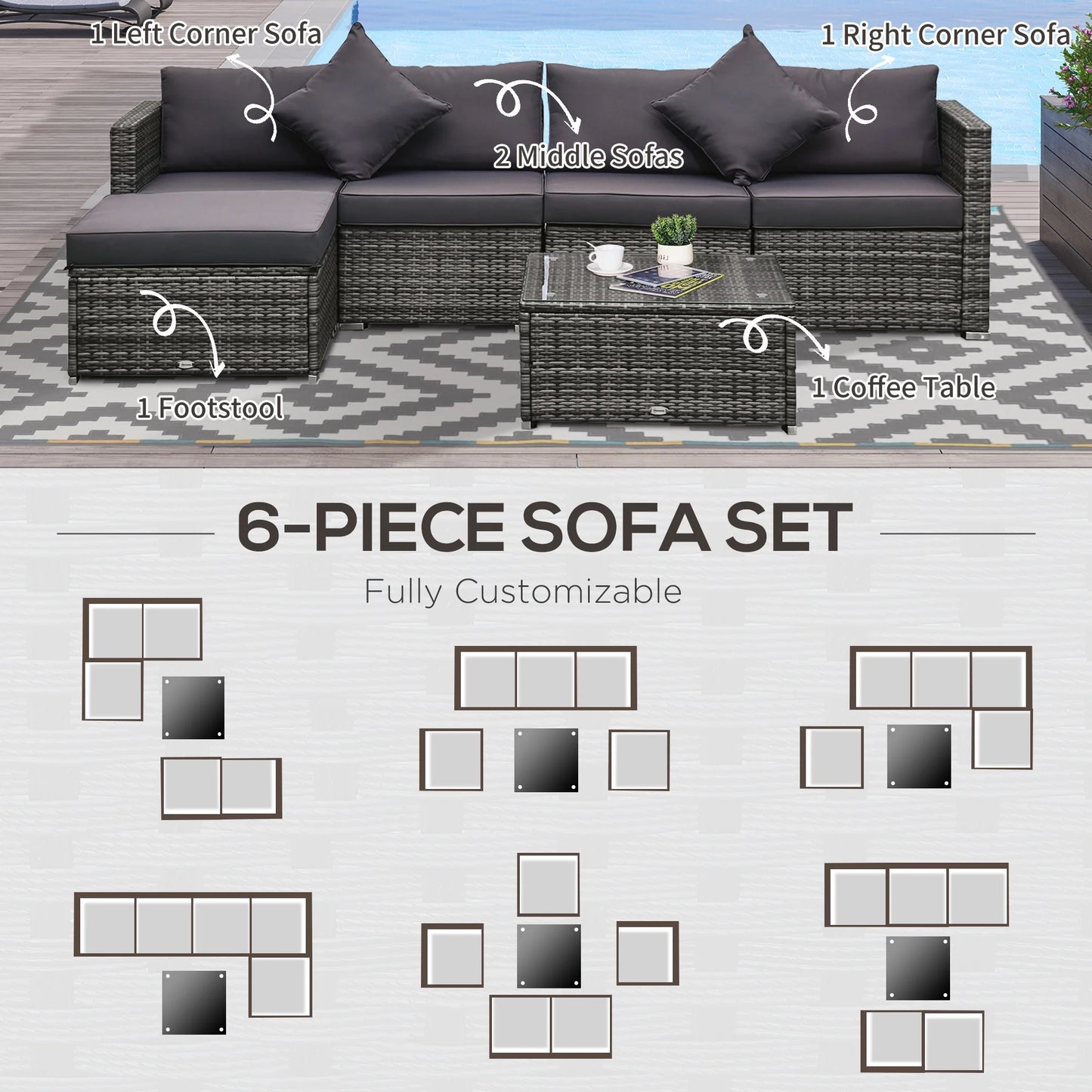 6 Pieces Patio Furniture Sets Outdoor Wicker All Weather PE Rattan Sectional Sofa Set with Ottoman, Cushions & Tempered Glass Desktop, Gray
