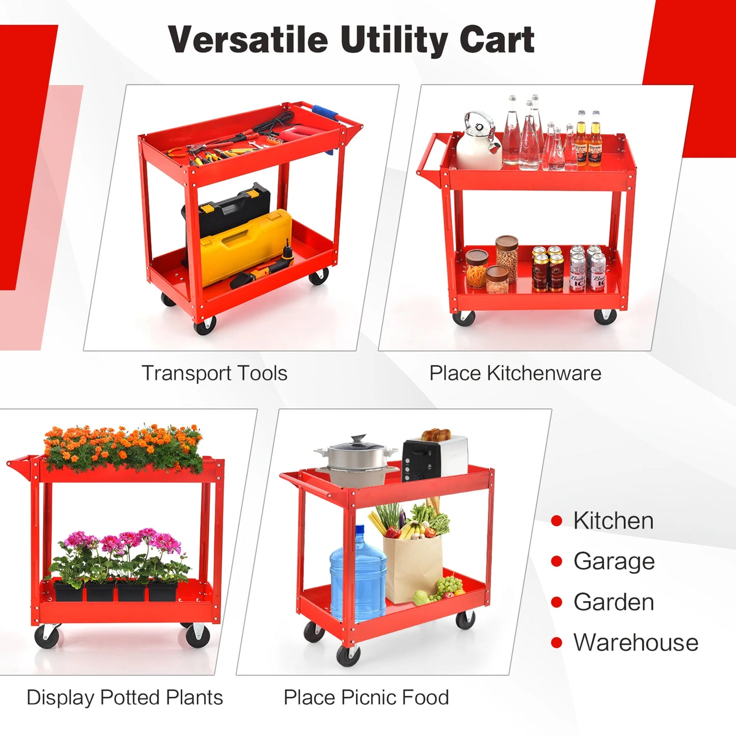 2-Tier Utility Cart Metal Service Cart Rolling Tool Storage Organizer with Handle Red