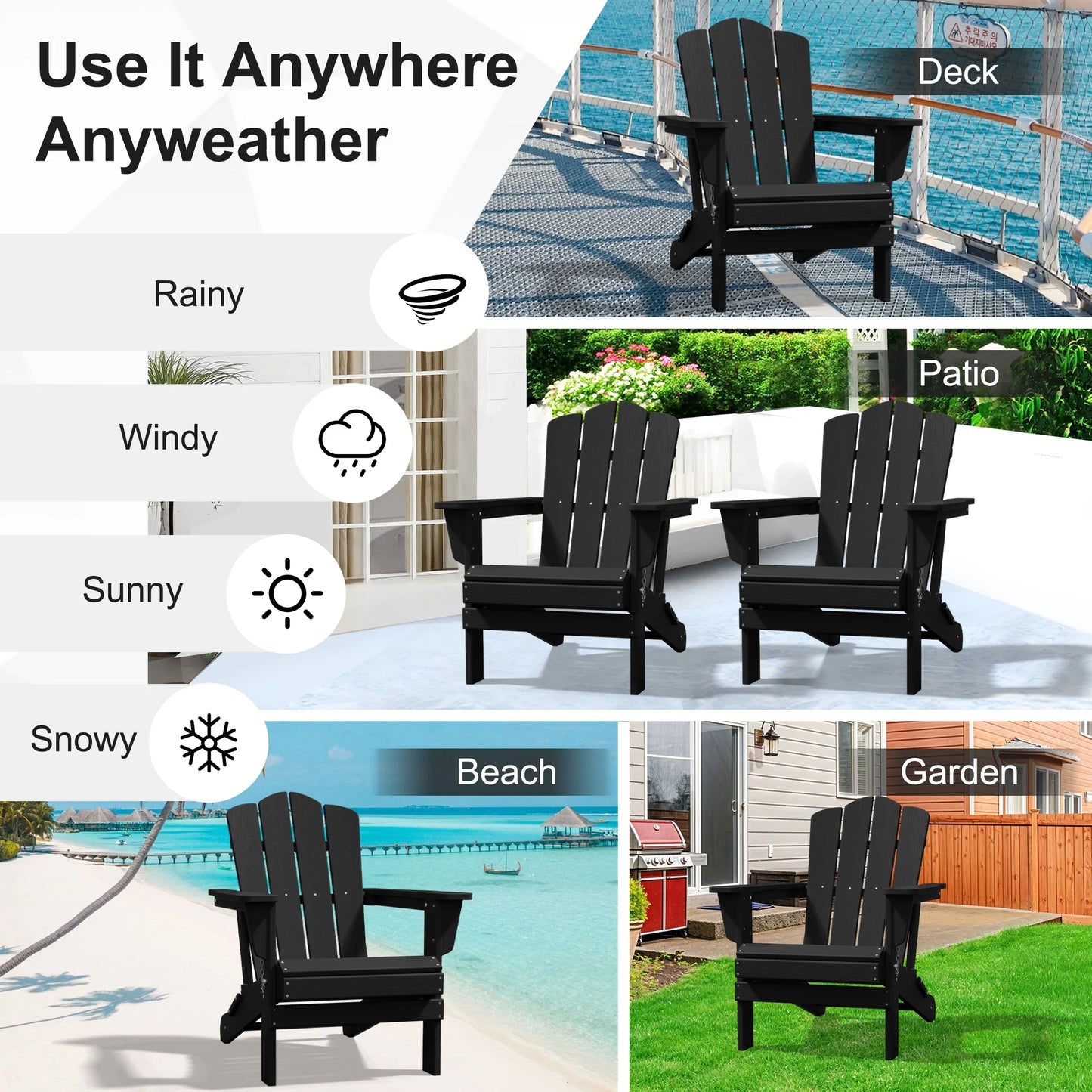 Adirondack Chair, Plastic Folding Outdoor Patio Lawn Chairs, outside HDPE Chairs for Lawn, Yard, Black
