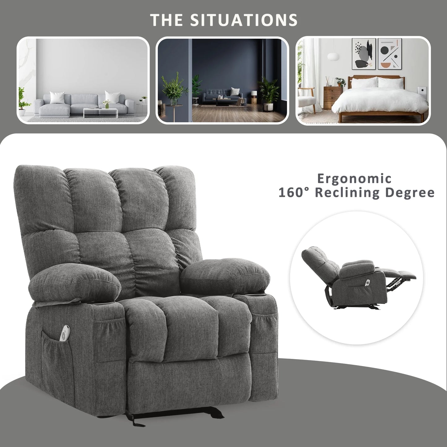 Manual Recliner Chair with Heat Therapy and Massage Function, Heavy Duty Reclining Mechanism Massage Chair, Elderly Single Rocker Sofa with Cup Holders for Bedroom Home Theater,Grey