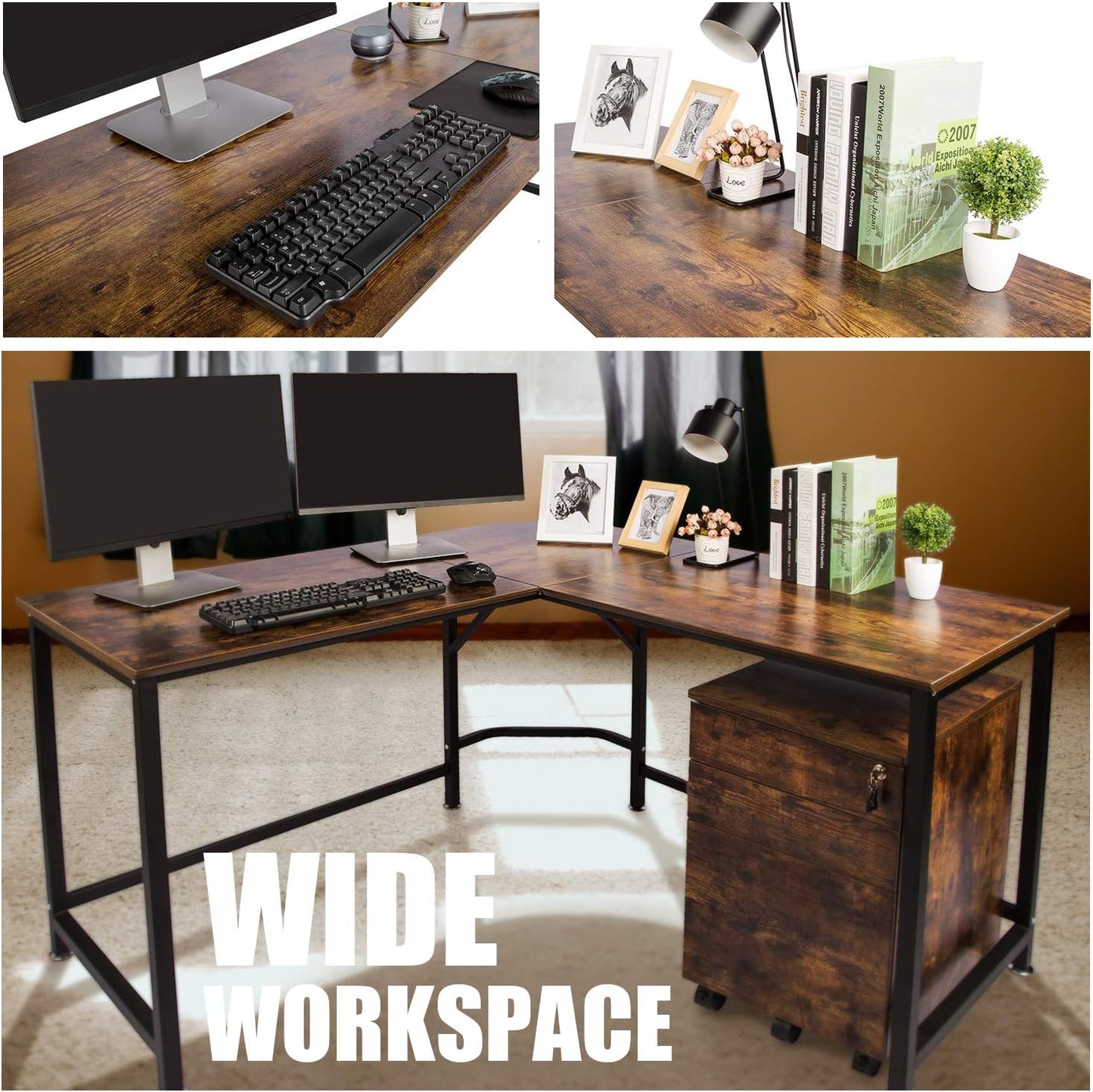 L-Shaped Desk Corner Computer Desk 59" X 59" with 24" Deep Workstation Bevel Edge Design (Industrial/Rustic Brown)