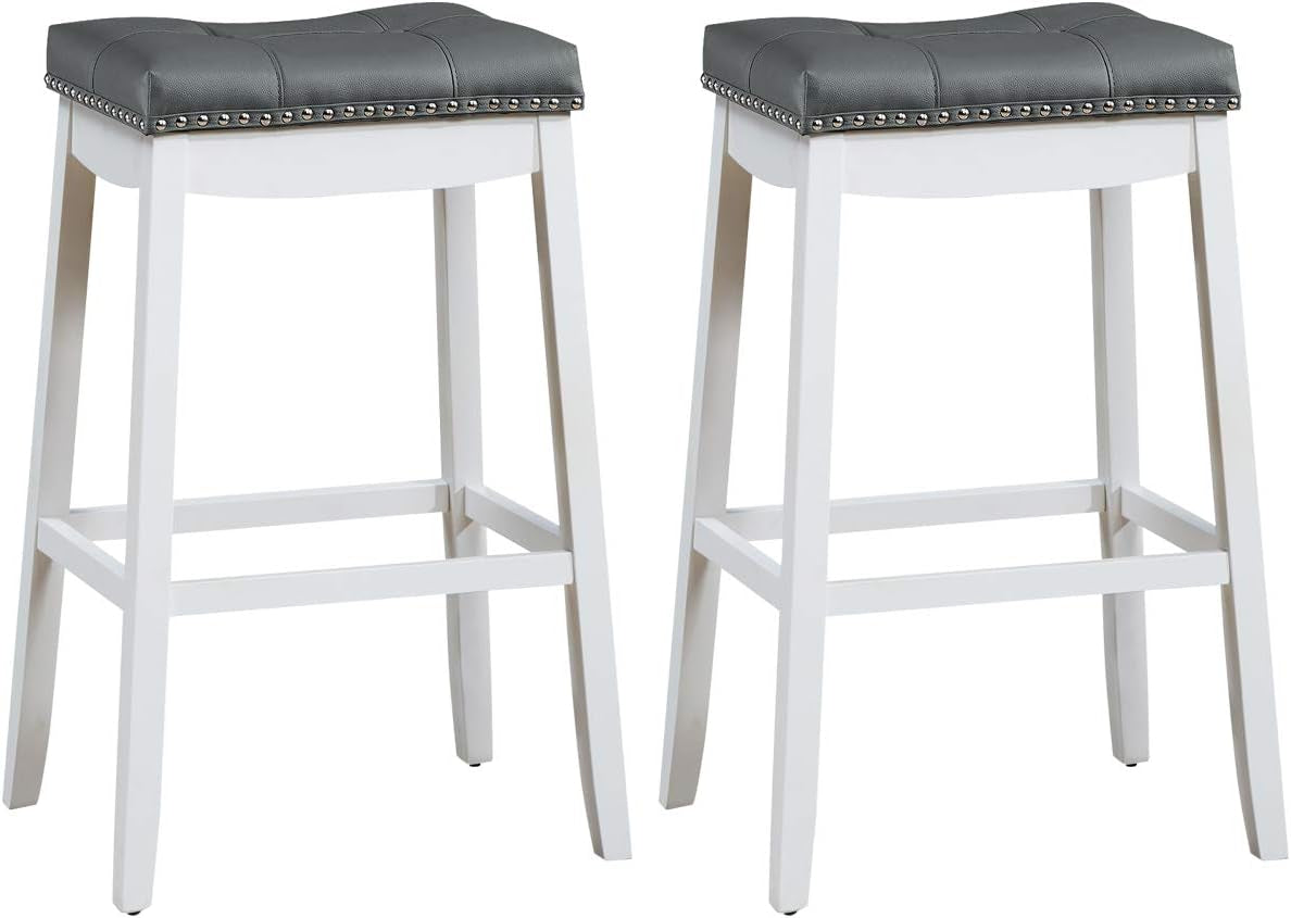 Bar Stools Set of 2, 29-Inch Height Backless Counter Stool with Footrest, Soft Seat Cushion, Wood Legs and Non-Slip Foot Pad, Saddle Stools for Home Kitchen Living Room, Stone Gray+White