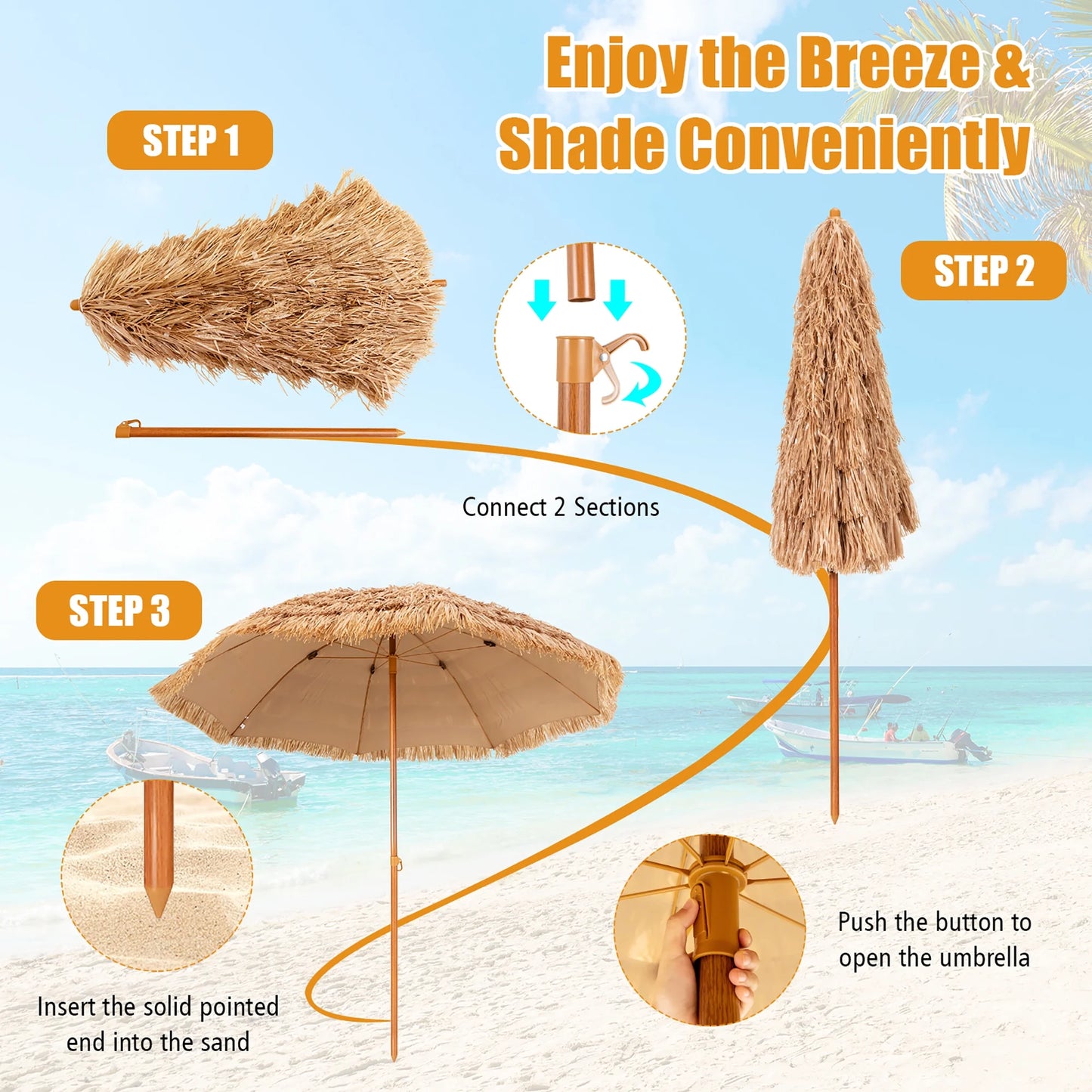 8 FT Patio Thatched Tiki Umbrella 8 Ribs Portable Hawaiian Hula Beach