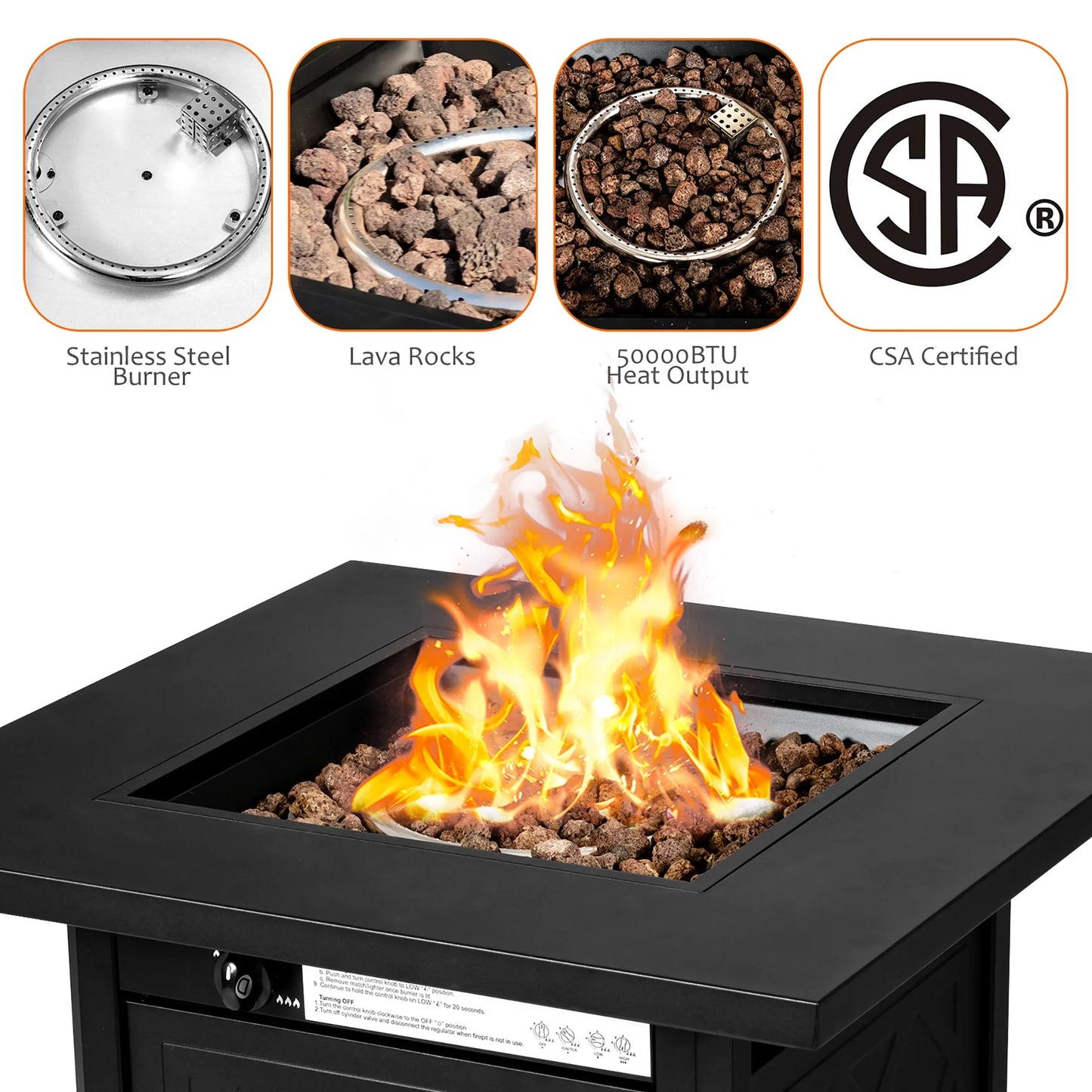 28'' Propane Fire Pit Table 50,000 BTU Patio Square Gas Fireplace W/Lava Rock