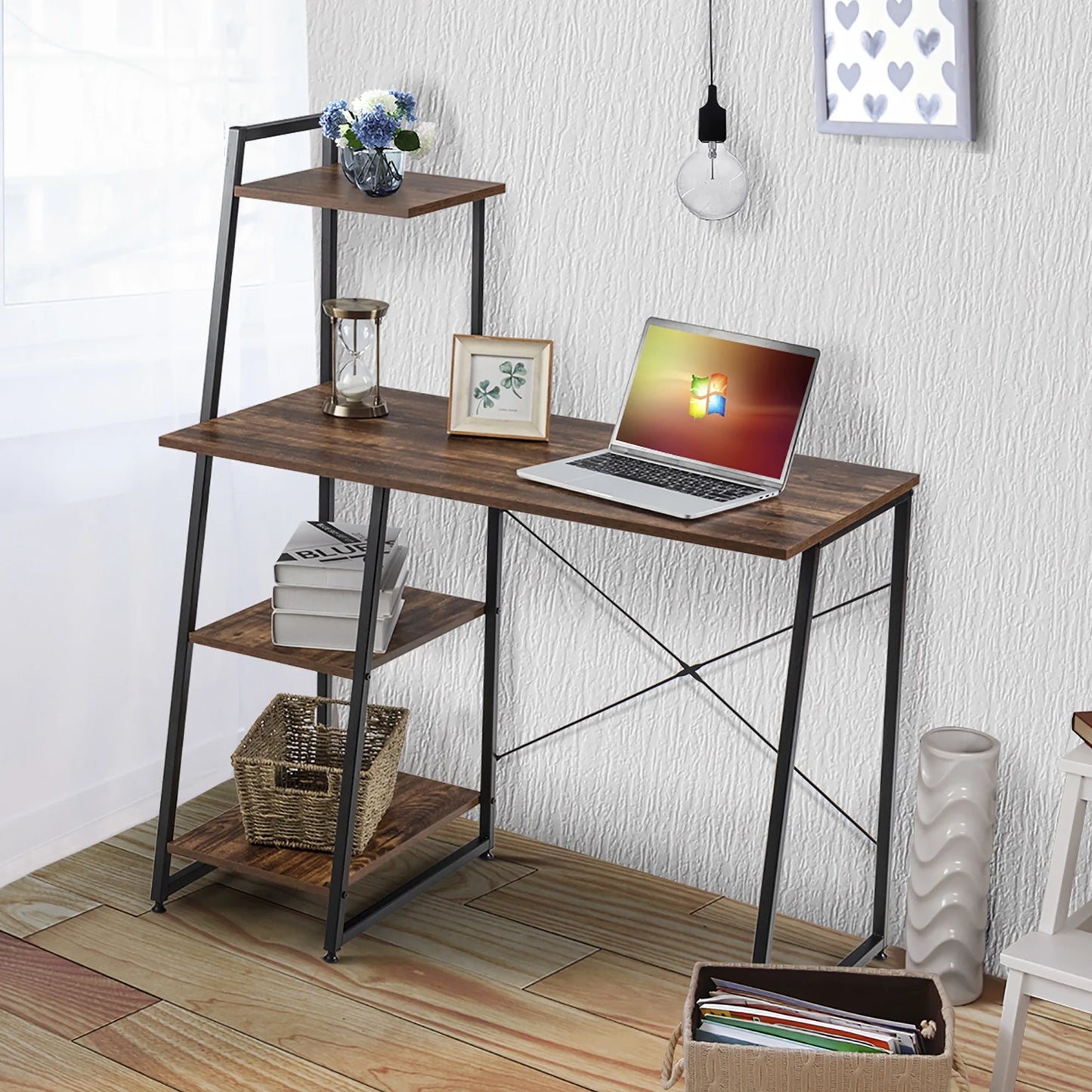 Modern Computer Desk with 3-Tier Storage Shelf CPU Stand Metal Frame for Bedroom