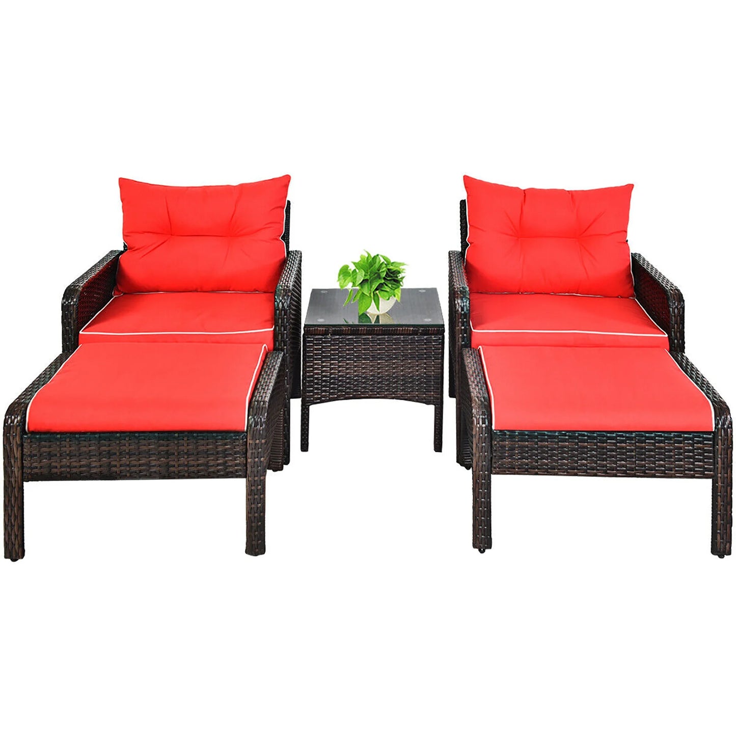 5 PCS Patio Rattan Furniture Set Sofa Ottoman Table Cushioned Yard Red