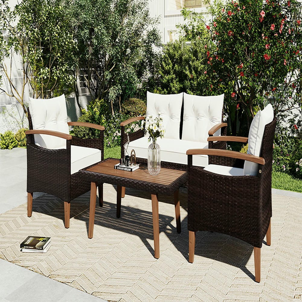 4-Piece Patio Seating Set, Patio Furniture Set, Patio Furniture Set, Wicker Garden Furniture with Wood Table and Legs, PE Rattan Outdoor Sofa Set for Balcony, Beige