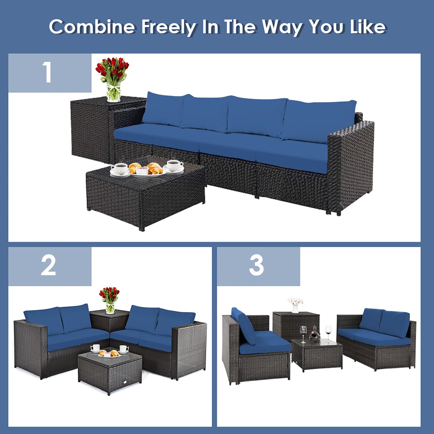 4PCS Patio Rattan Furniture Set Cushioned Loveseat Storage Table Navy