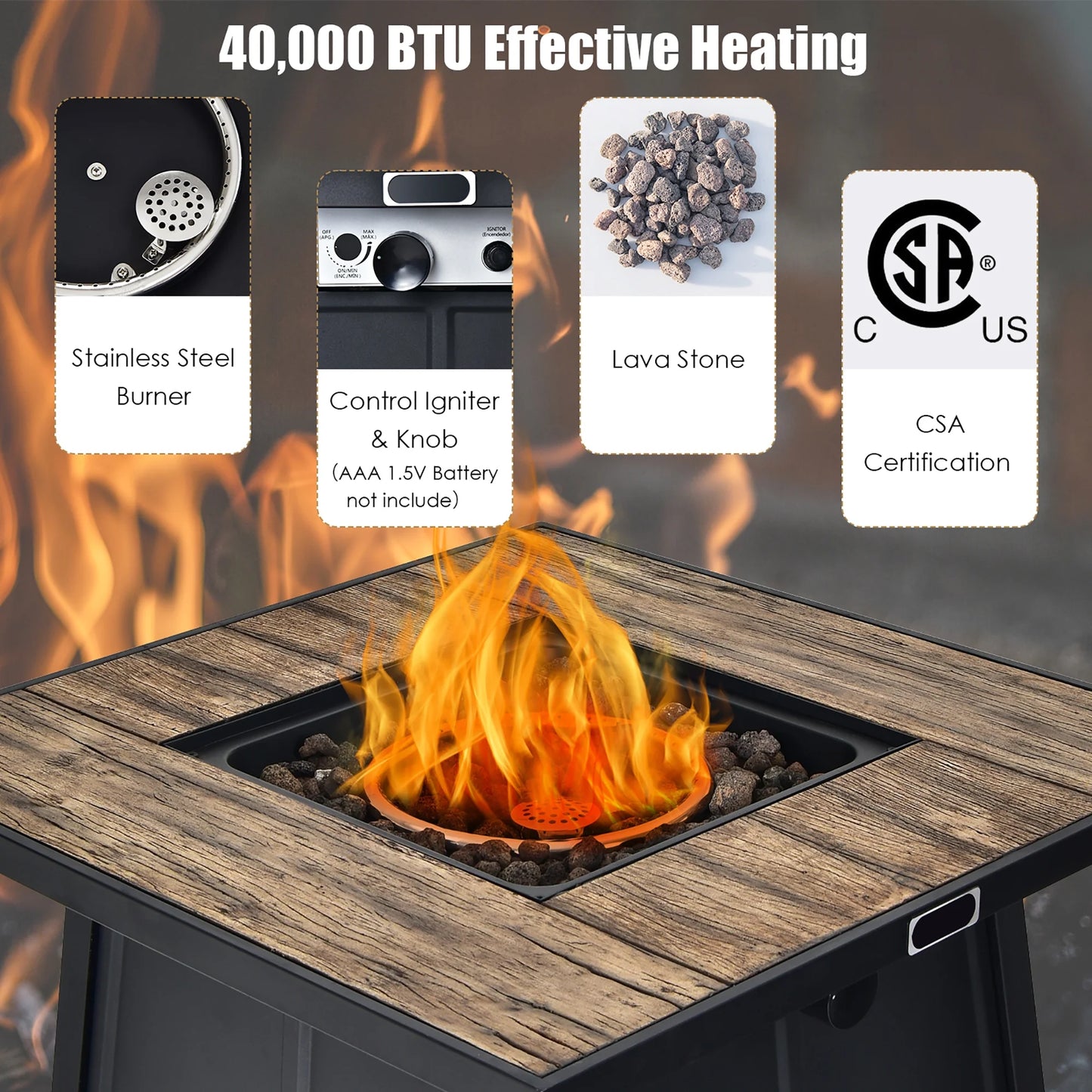 28 Inches Propane Gas Fire Pit Table 40,000 BTU Outdoor Heater W/Cover