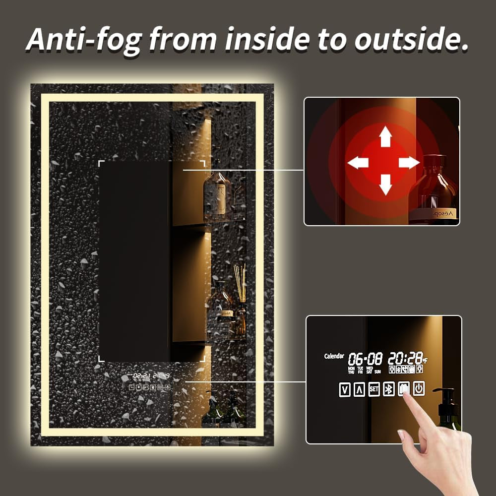 24"X36" Bathroom LED Mirror with Wireless Speaker Wall Switch - Lighted Vanity Mirrors for Bathroom Wall Mounted Backlit, Dimmable Light 3000K/6000K Anti-Fog Makeup Smart Mirror (Vertical)