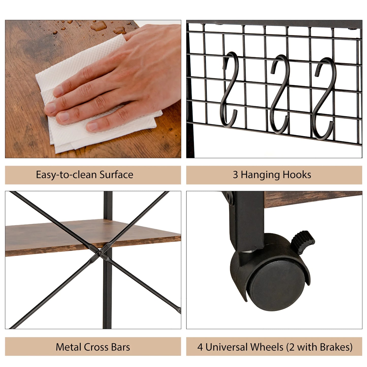 4-Tier Rolling Bakers Rack Industrial Utility Microwave Oven Stand Cart W/ Hooks