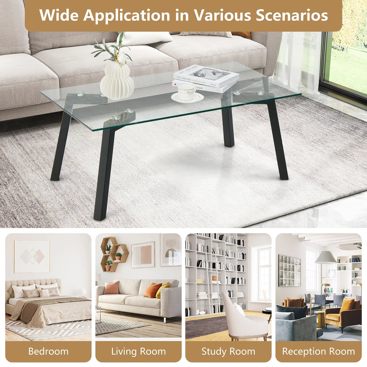 Tempered Glass Coffee Table Modern Center Table with Metal Frame for Living Room