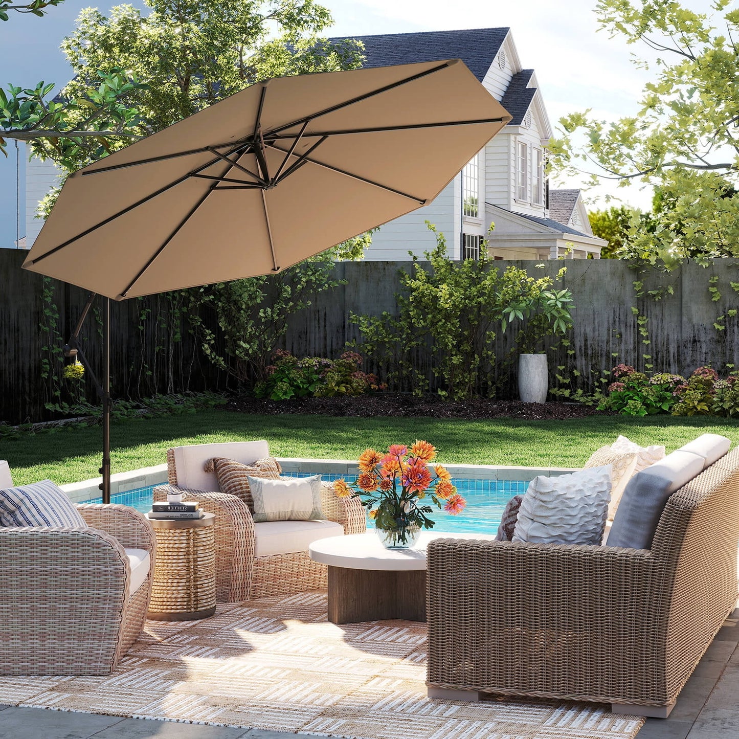 10' Hanging Umbrella Patio Sun Shade Offset Garden Market W/ T Cross Base Tan