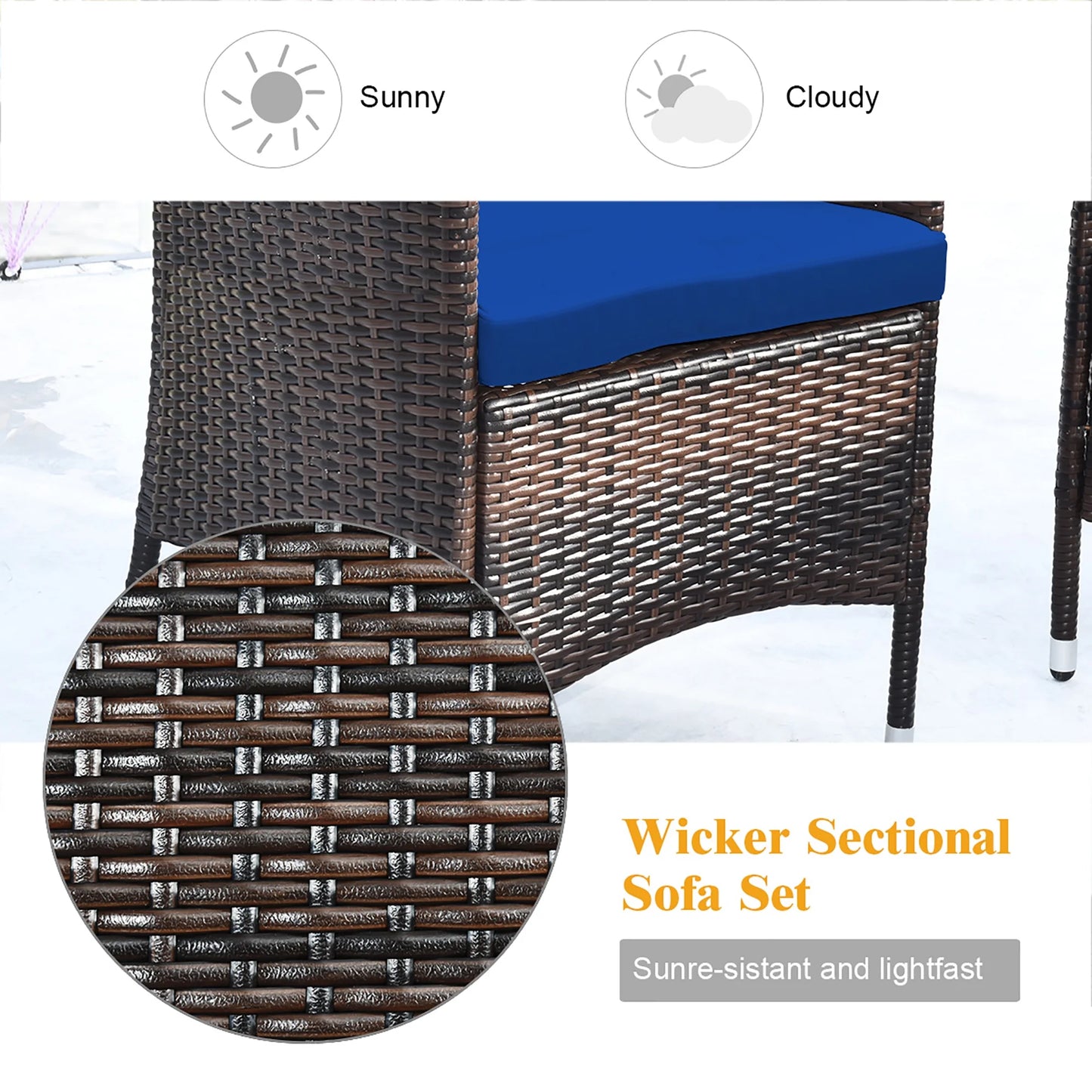 4PCS Rattan Patio Furniture Set Cushioned Sofa Chair Coffee Table Navy