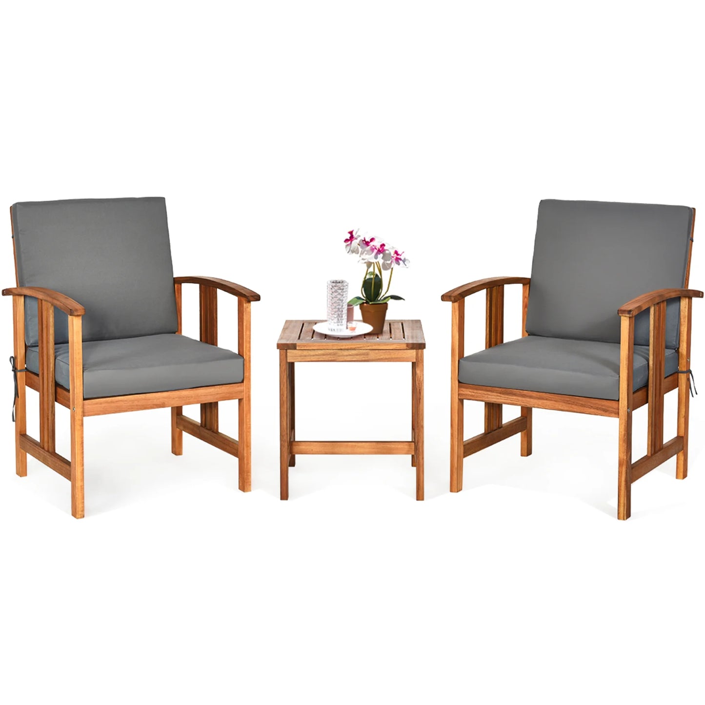 3PCS Solid Wood Patio Furniture Set Table&Chairs Grey Cushion