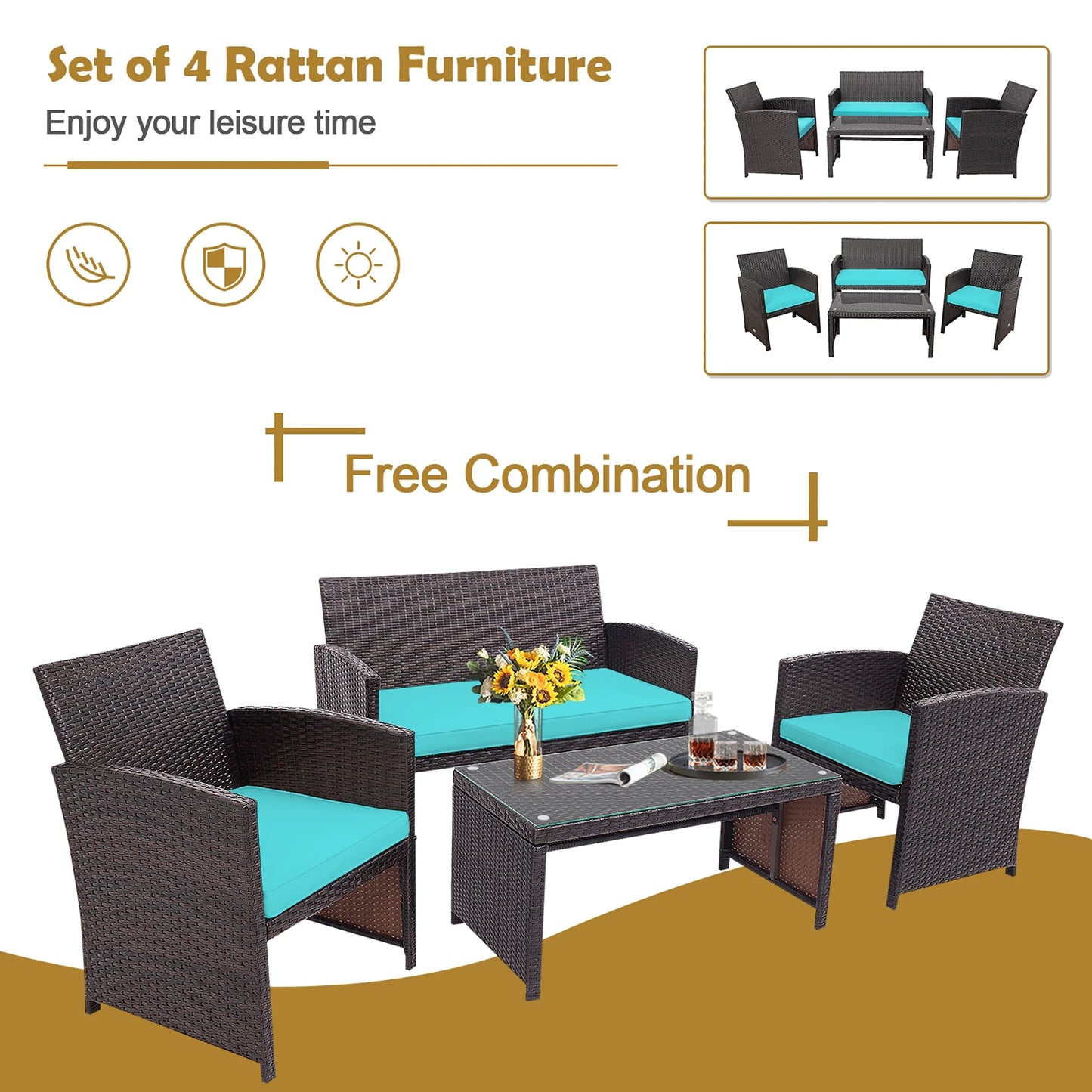 4PCS Patio Rattan Furniture Set Cushioned Chair Sofa Coffee Table Turquoise