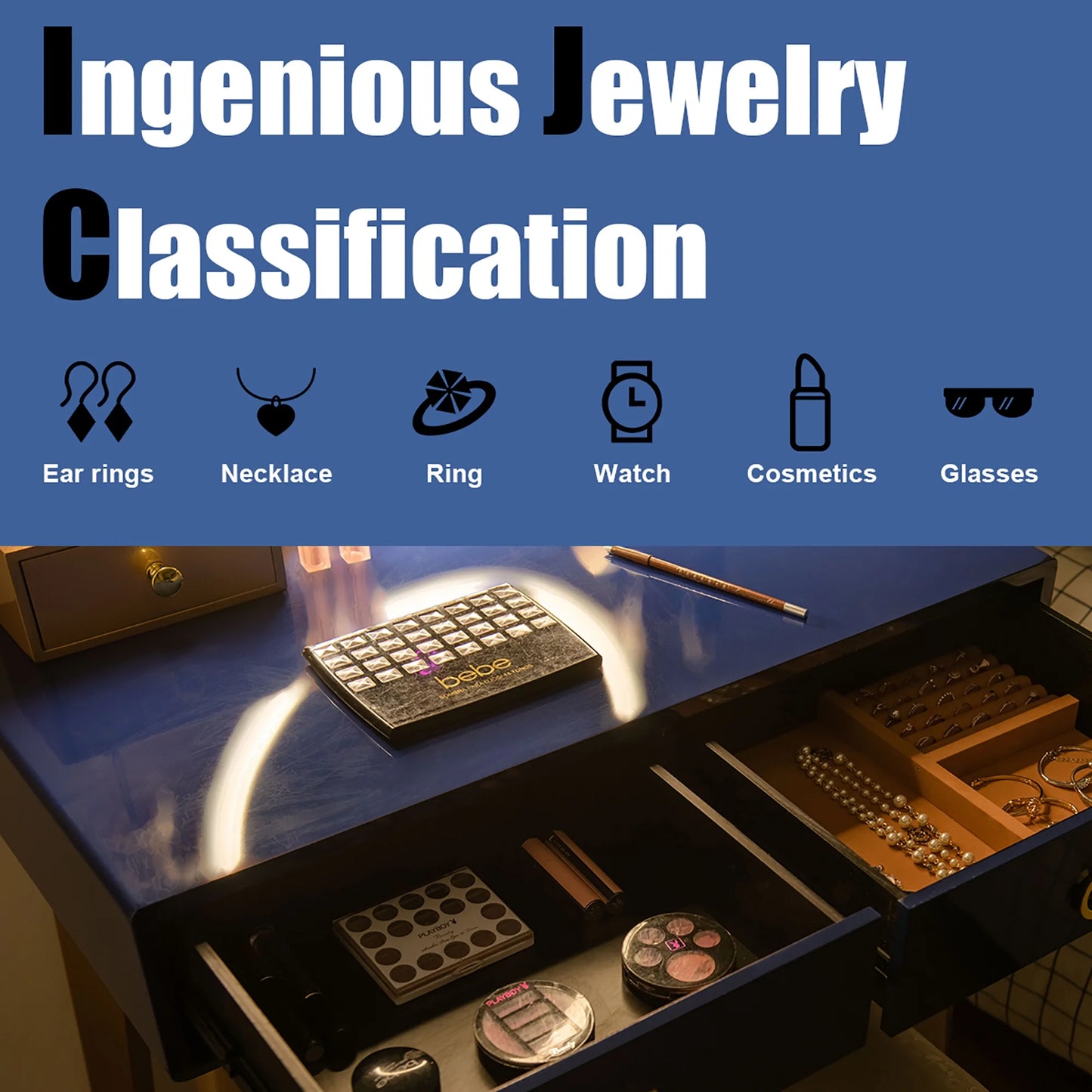 Vanity Makeup Table Touch Screen 3 Lighting Modes Dressing Table Set Navy Blue