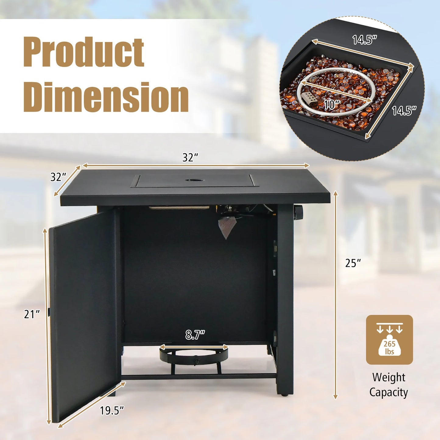 32'' Square Propane Gas Fire Pit Table with Glass Stones Rain Cover 50,000 BTU