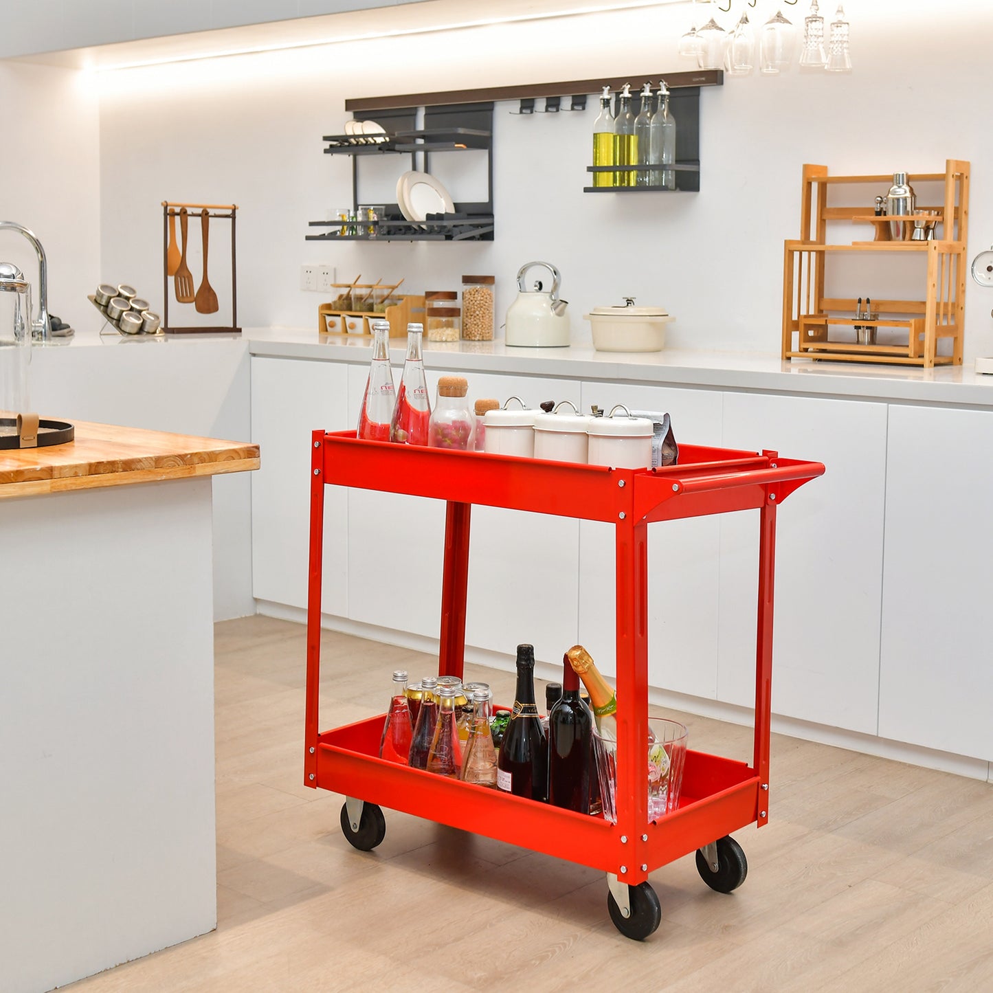 2-Tier Utility Cart Metal Service Cart Rolling Tool Storage Organizer with Handle Red