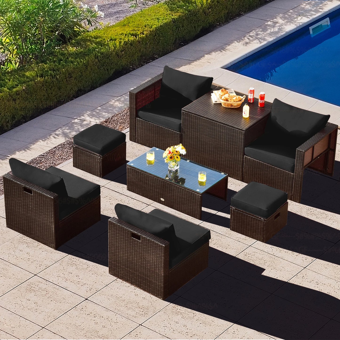 8-Piece Rattan Outdoor Patio Dining Set, Black