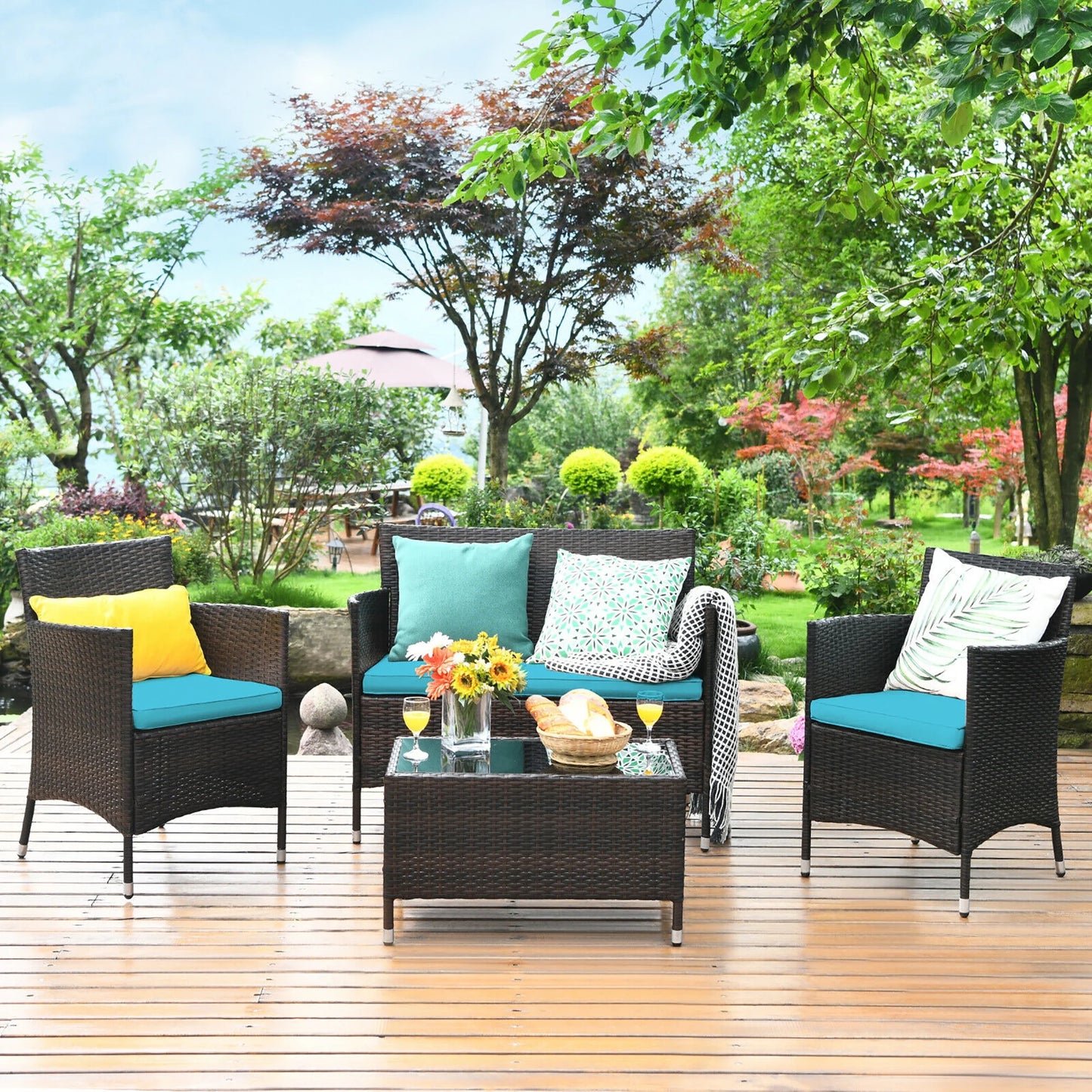4PCS Rattan Patio Furniture Set Cushioned Sofa Chair Coffee Table Navy