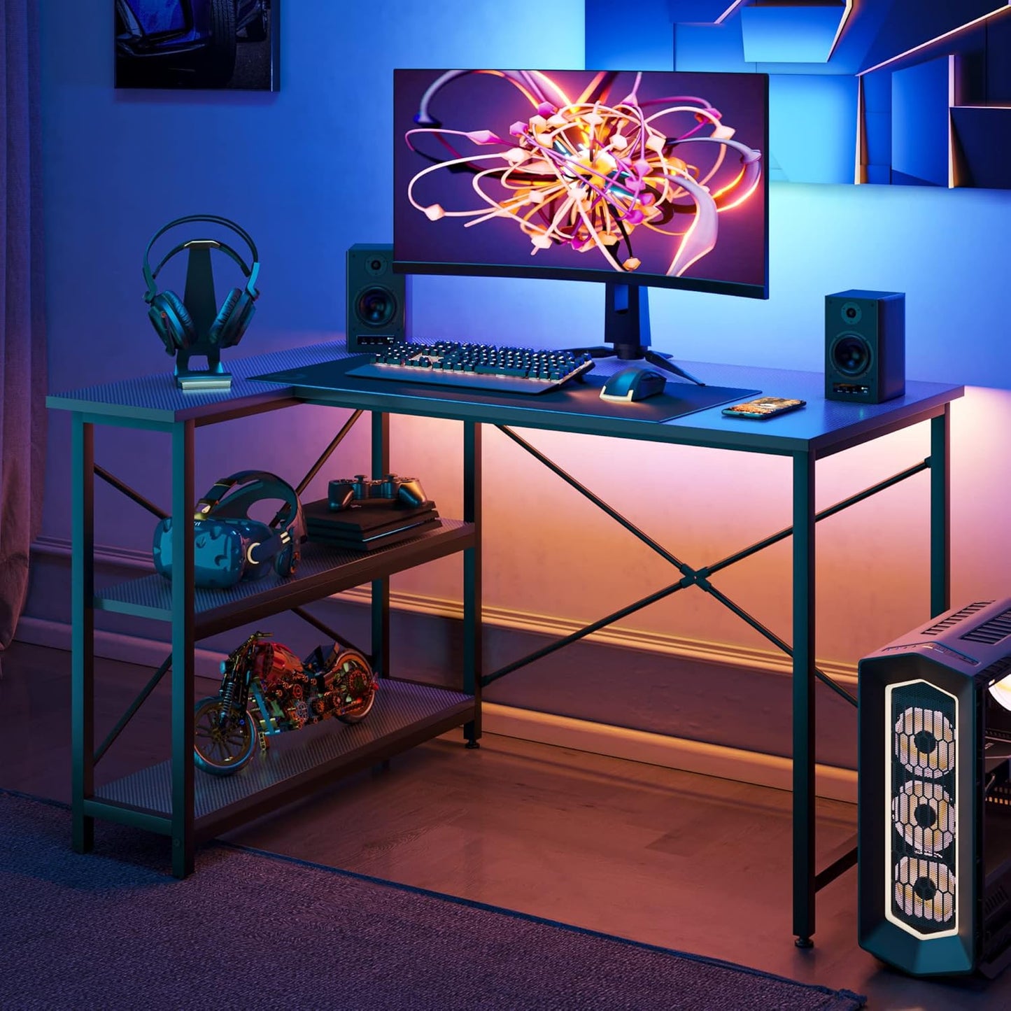Small L Shaped Gaming Desk with Shelves 47 Inch Reversible Corner Computer Desk Writing Storage Table for Home Office Small Space, Carbon Fiber
