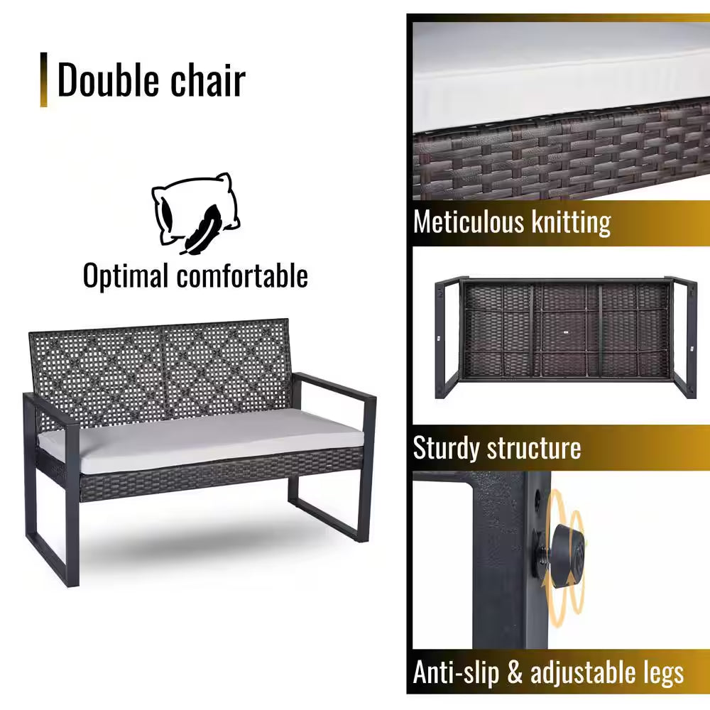 4-Piece Wicker Patio Conversation Set with Cushion, Outdoor Patio Furniture Set with Wood Table Top-Grey Cushions
