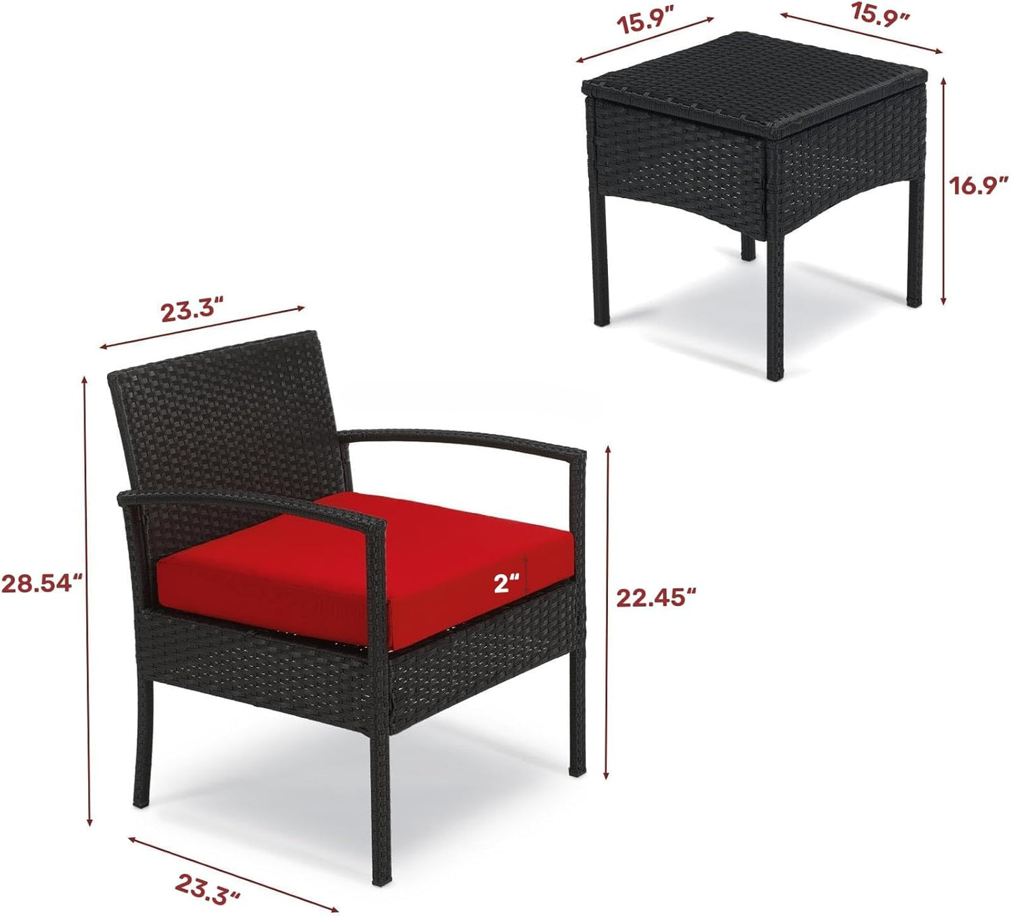 Outdoor Furniture 3 Piece Patio Set Balcony Furniture Outdoor Bistro Set Wicker Chair for Balcony Backyard Porch with Table and Cushions Red