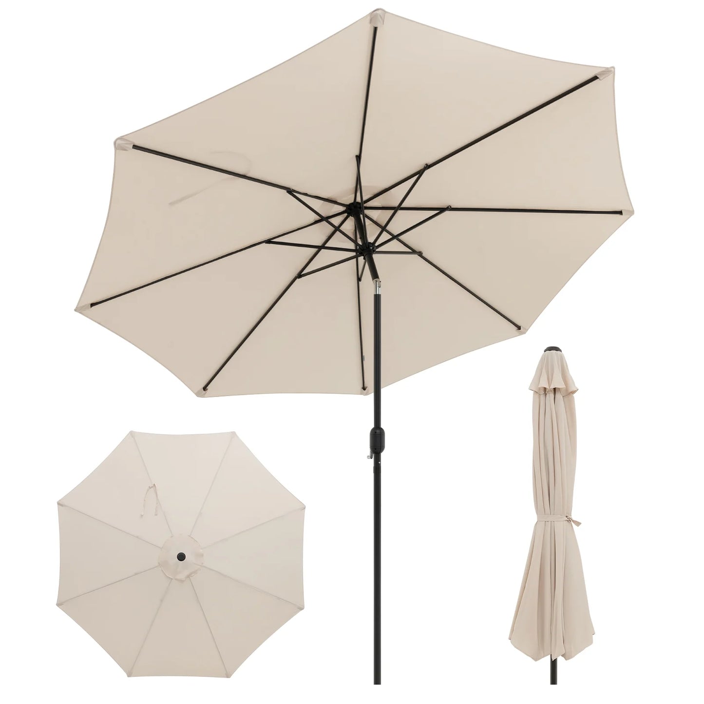 Outdoor Heavy Duty Market Umbrella with Tilt Mechanism Crank Handle 8 Sturdy Ribs Tan