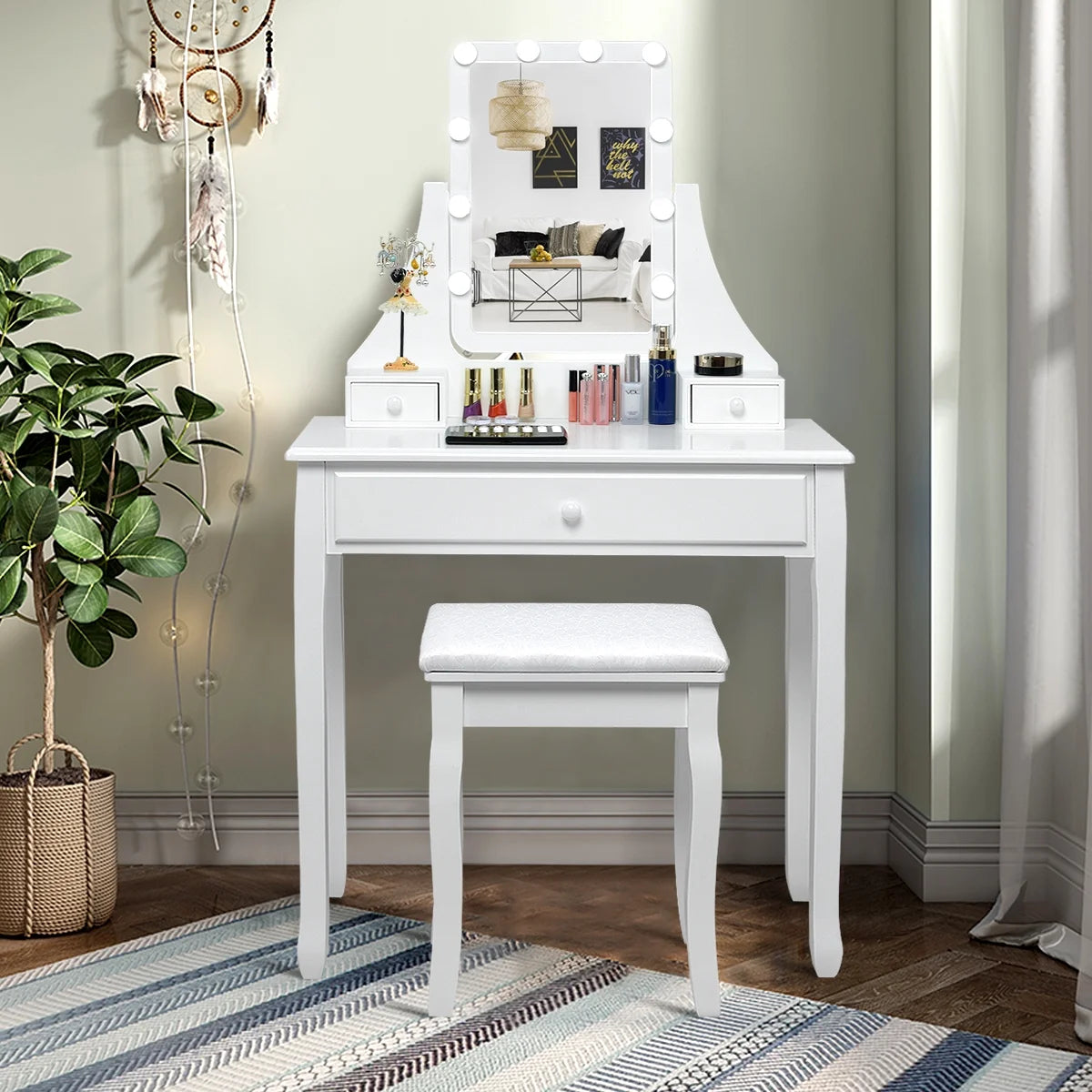 Vanity Table 10 Dimmable Bulbs Makeup Dressing Desk White