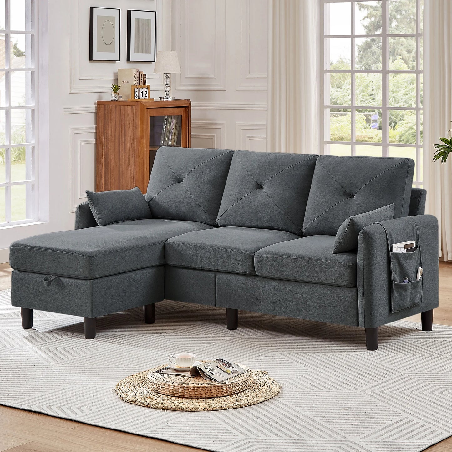 Convertible Sectional Sofa L Shaped Sofa Modern Fabric 3 Seat Couch with Reversible Storage Ottoman and Side Storage Pocket for Living Room Office Apartment Studio