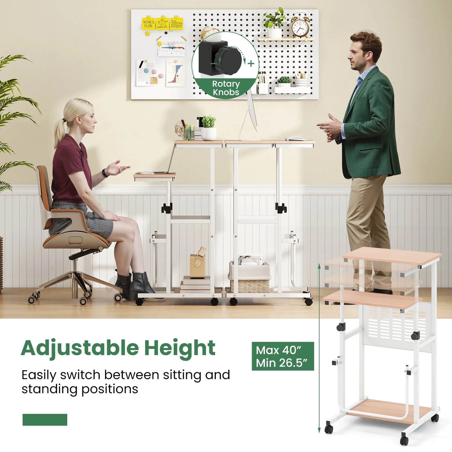 Adjustable Standing Desk with Footrest Mesh Panel Lockable Wheels Sit Home Office