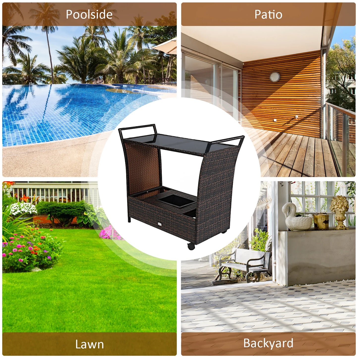 Patio Rolling Rattan Kitchen Trolley Cart Dining Aluminum Frame with Storage Box