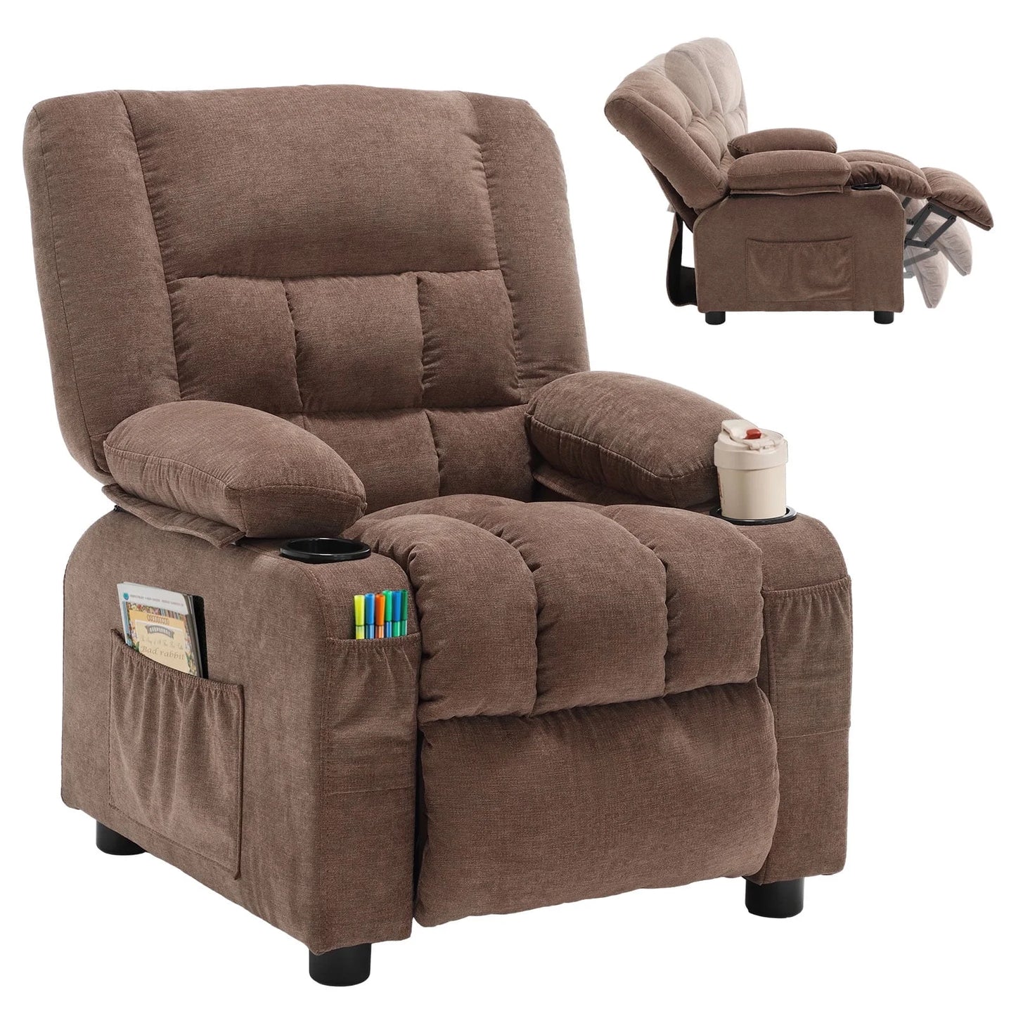 Kids Recliner Chair,Push Back Toddler Recliner with Cup Holders & Side Pockets,Adjustable Footrest & Headrest Kids Sofa for Boys Girls 3+ Age Group, Grey