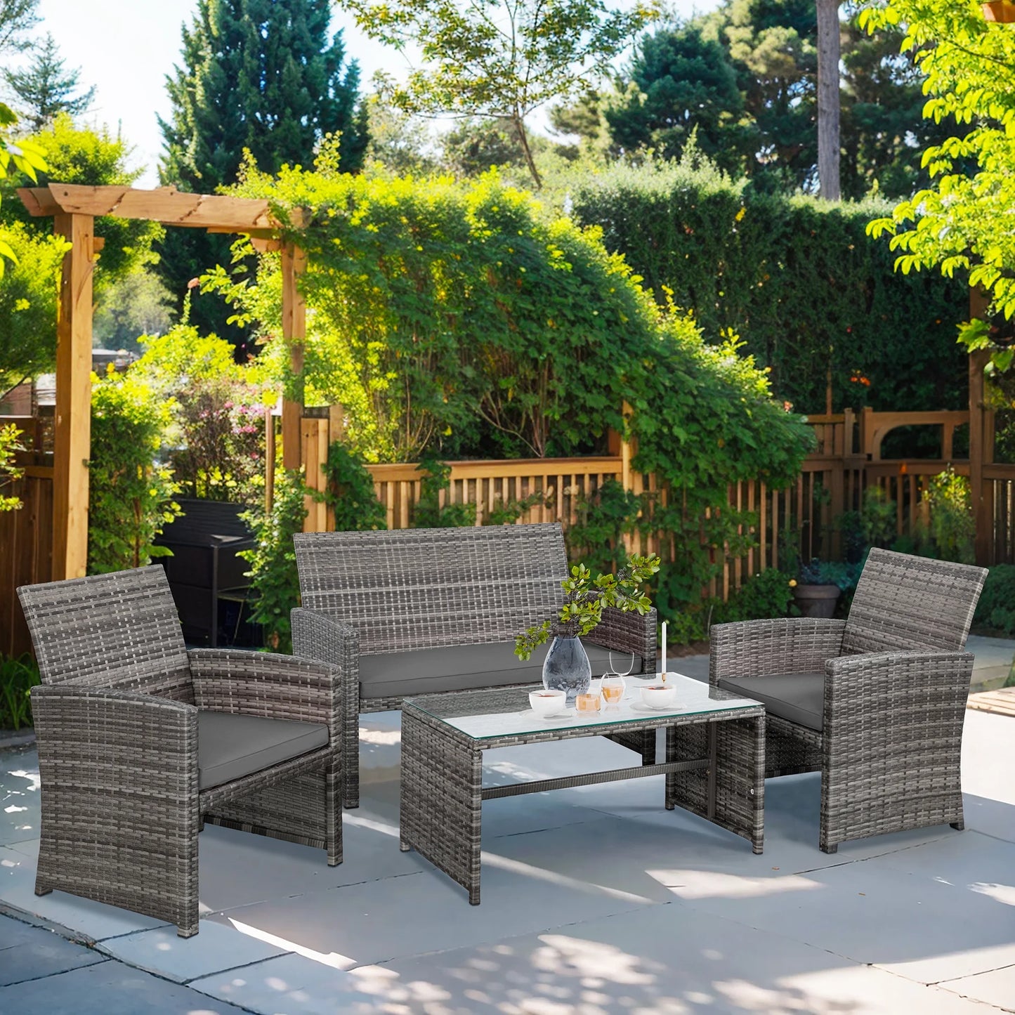 4-Piece Patio Rattan Furniture Set with Cushions & Tempered Glass Tabletop, White