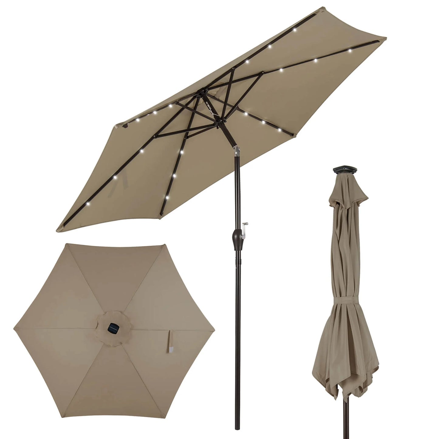9FT Patio Solar Umbrella LED Patio Market Steel Tilt W/ Crank Outdoor