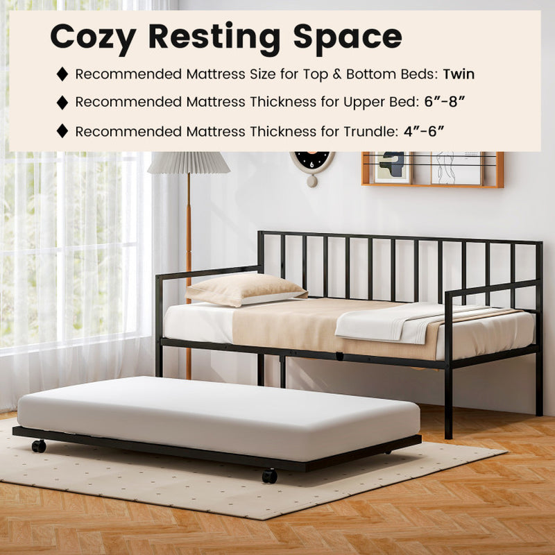 Twin Daybed Set with Metal Slat Support and Roll-Out Trundle