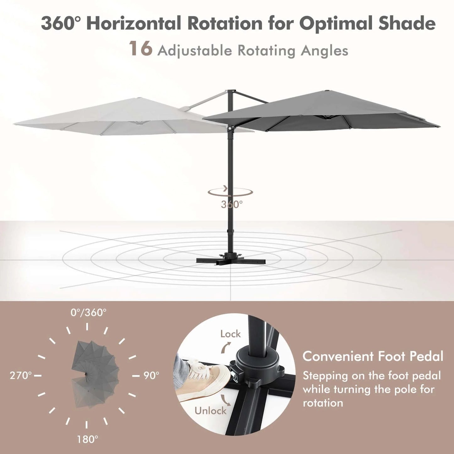 Patio 9.5FT Square Cantilever Offset Hanging Umbrella 2-Tier 360° Outdoor Gray
